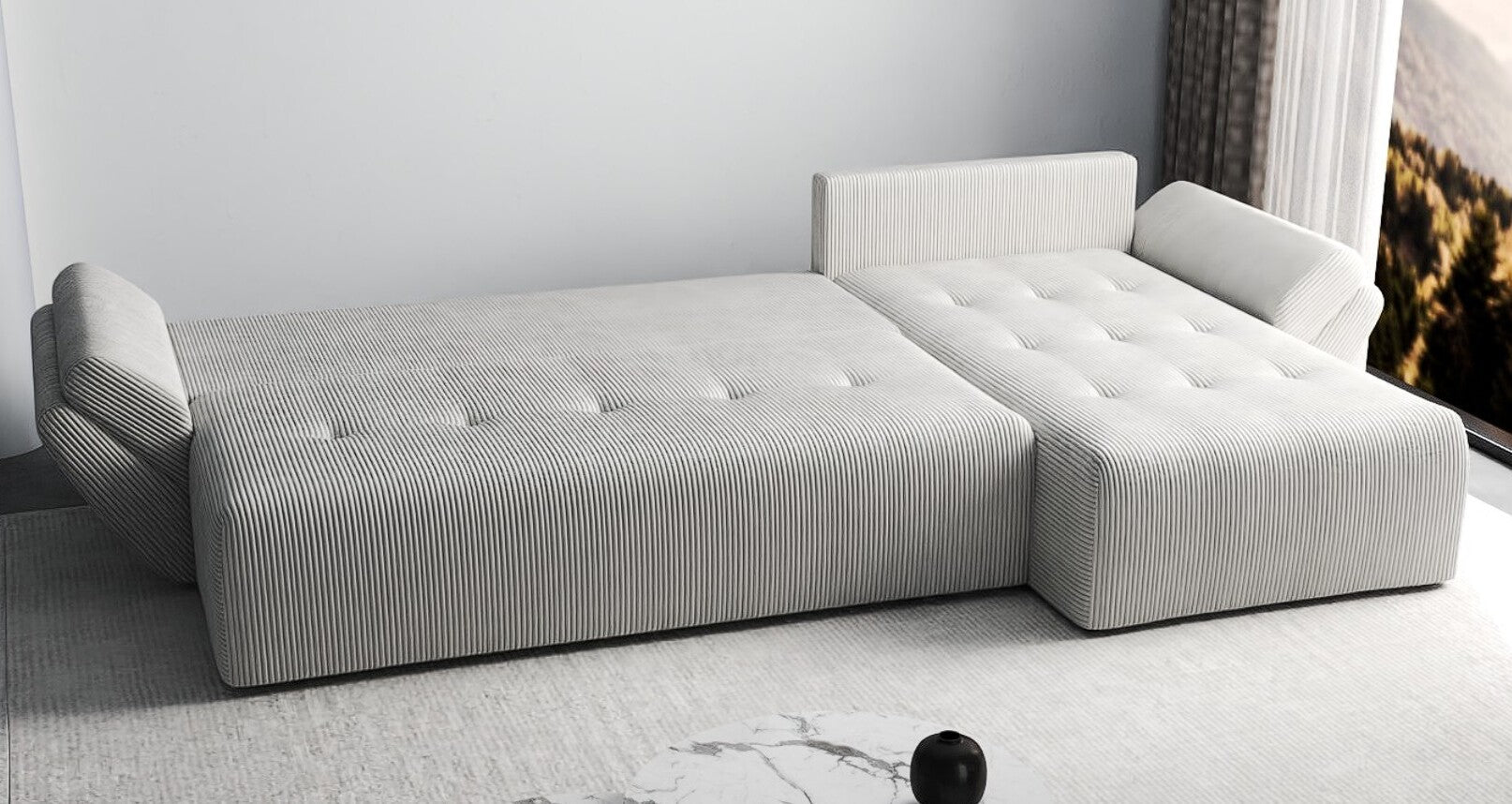 Colțar extensibil dumonde cu ladă de depozitare si sezut confortabil din spuma HR, Berlin XL Zoom Crem 350x185 cm II Fabrica