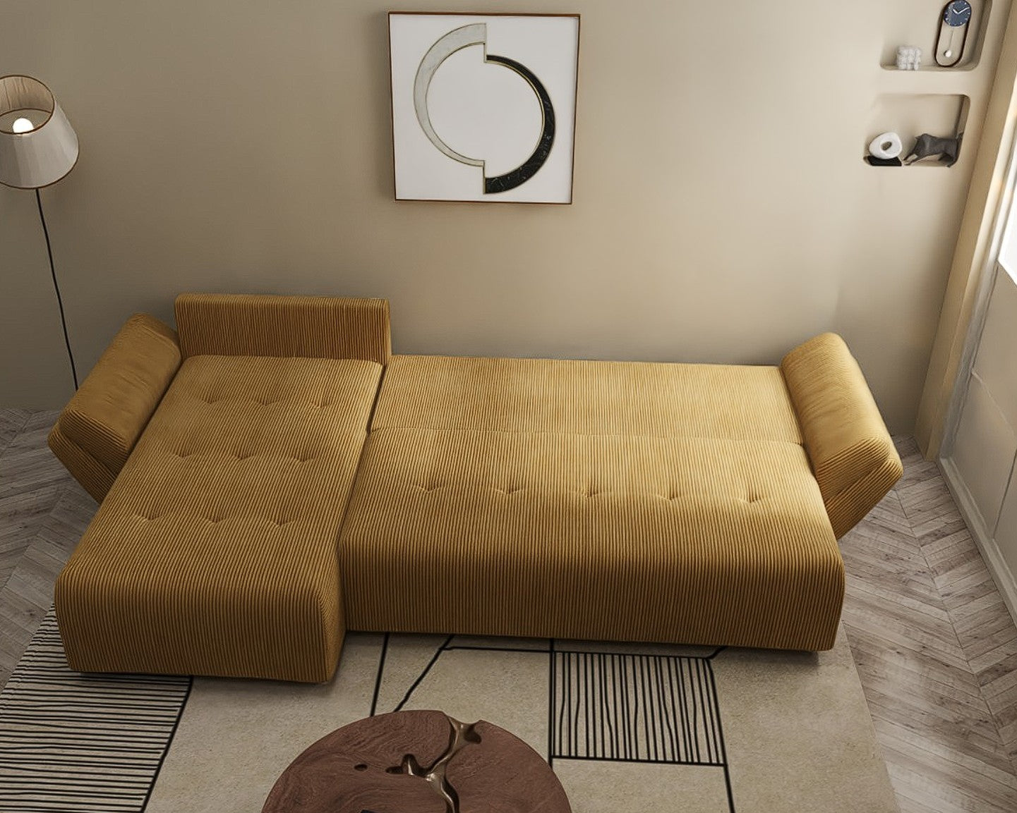 Colțar extensibil dumonde cu ladă de depozitare si sezut confortabil din spuma HR, Berlin XL Zoom Mustar 350x185 cm Fabrica