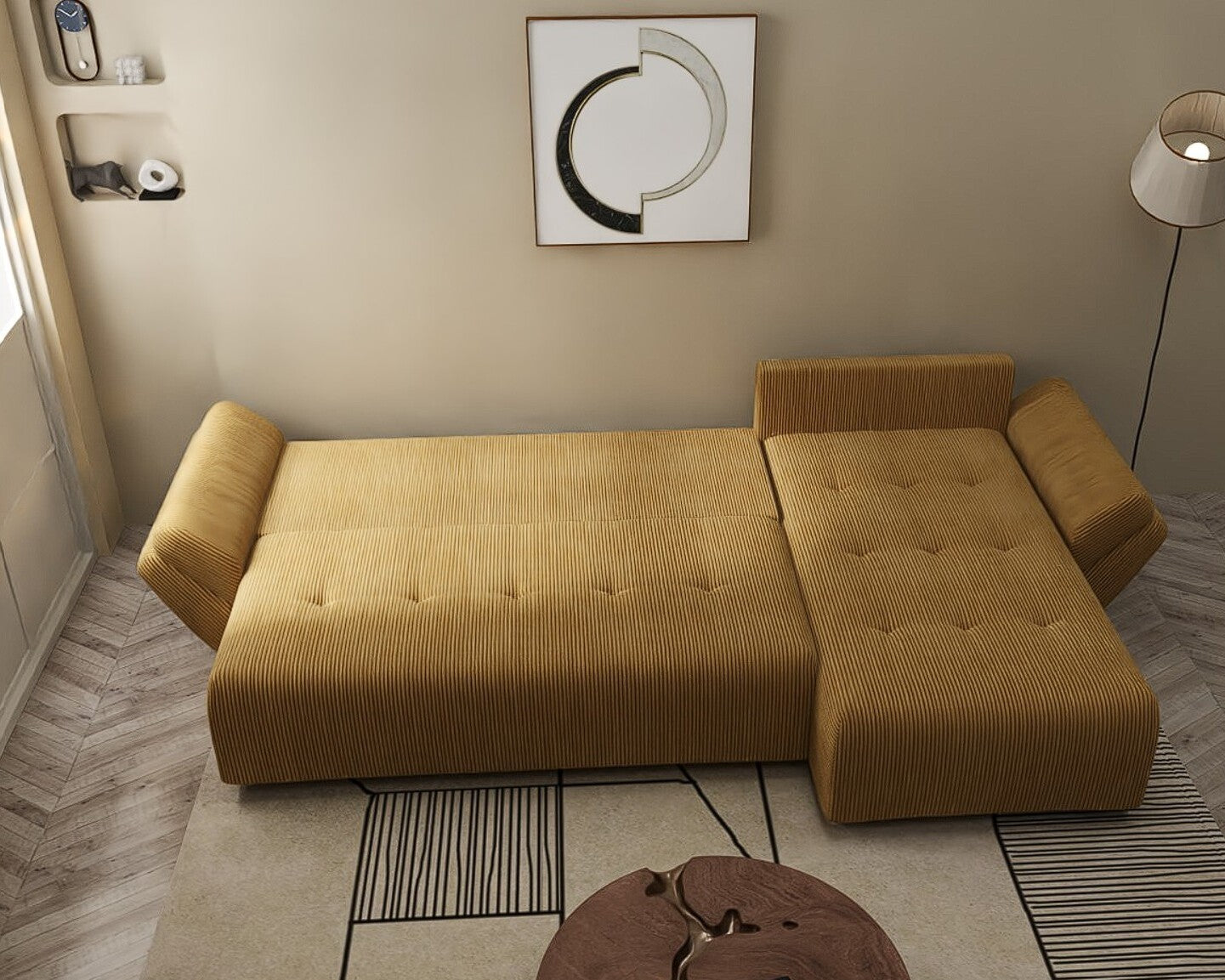 Colțar extensibil dumonde cu ladă de depozitare si sezut confortabil din spuma HR, Berlin XL Zoom Mustar 350x185 cm II Fabrica