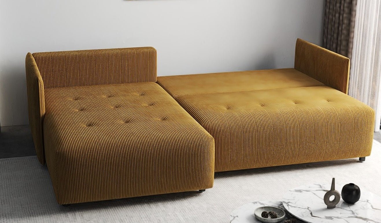 Colțar extensibil dumonde cu ladă de depozitare si sezut confortabil din spuma HR, Malta Zoom Mustar II 235x185 cm Fabrica