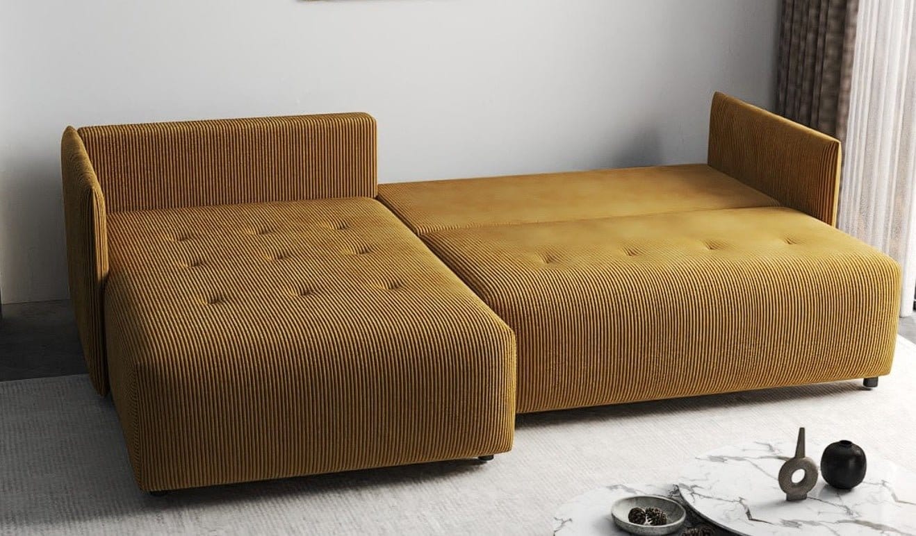 Colțar extensibil dumonde cu ladă de depozitare si sezut confortabil din spuma HR, Malta Zoom Mustar II 235x185 cm Fabrica