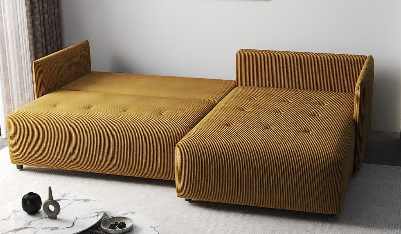 Colțar extensibil dumonde cu ladă de depozitare si sezut confortabil din spuma HR, Malta Zoom Mustar 235x185 cm Fabrica