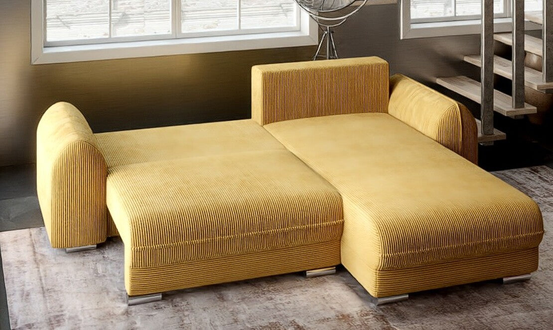 Colțar extensibil dumonde cu ladă de depozitare si sezut confortabil din spuma HR, Denver Zoom Mustar 275x185 cm II Fabrica