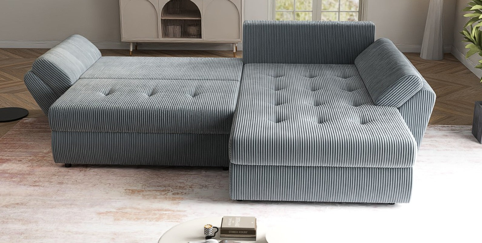 Colțar extensibil dumonde cu ladă de depozitare si sezut confortabil din spuma HR, Loana Zoom Grey II 270x185 cm Fabrica