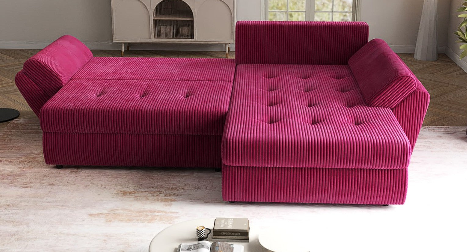 Colțar extensibil dumonde cu ladă de depozitare si sezut confortabil din spuma HR, Loana Zoom Red II 270x185 cm Fabrica