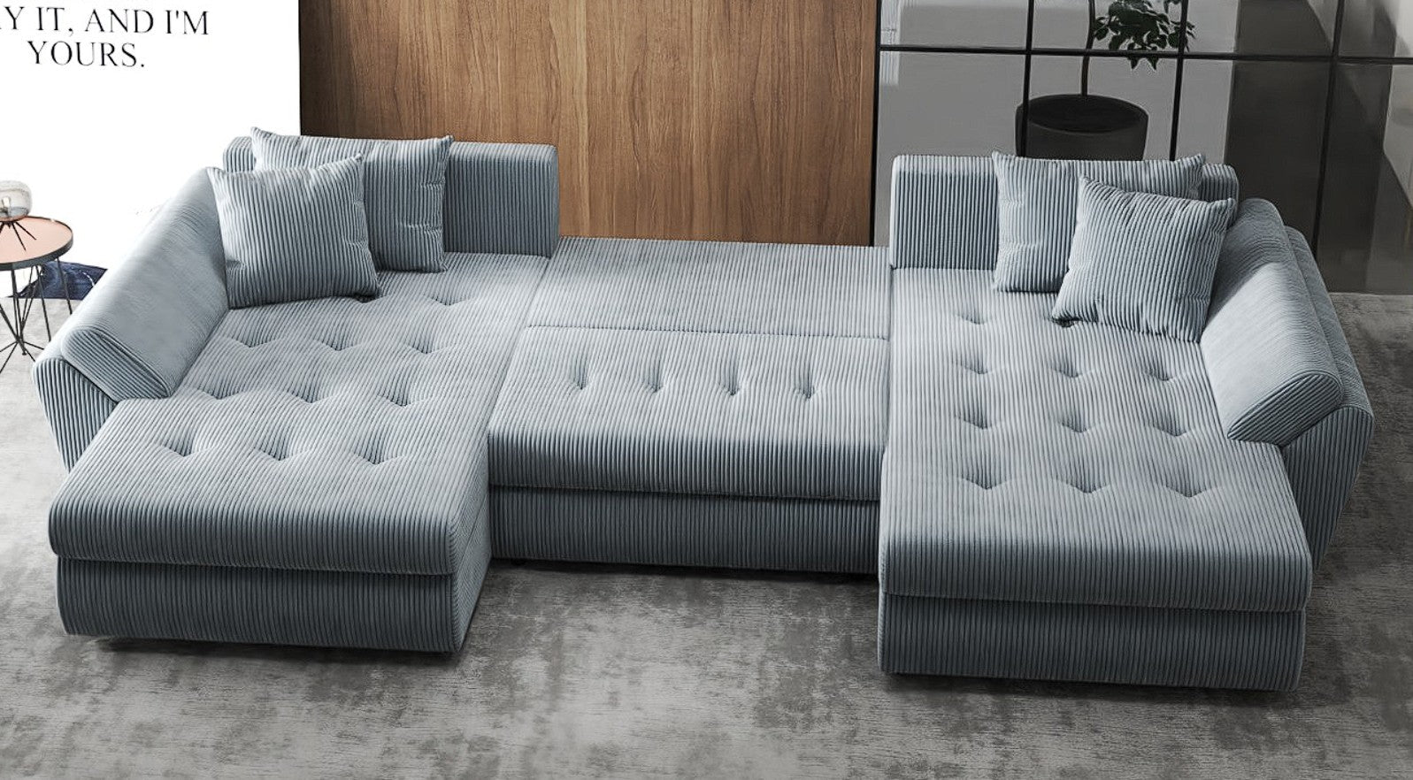 Colțar extensibil dumonde cu ladă de depozitare si sezut confortabil din spuma HR, Berlin U Zoom GREY 380x180 cm Fabrica