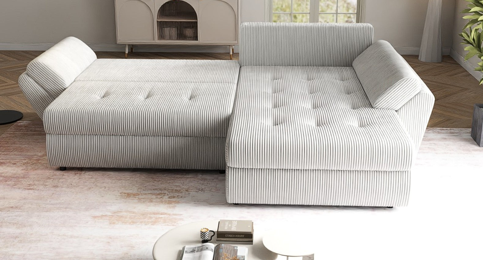 Colțar extensibil dumonde cu ladă de depozitare si sezut confortabil din spuma HR, Loana Zoom Crem II 270x185 cm Fabrica