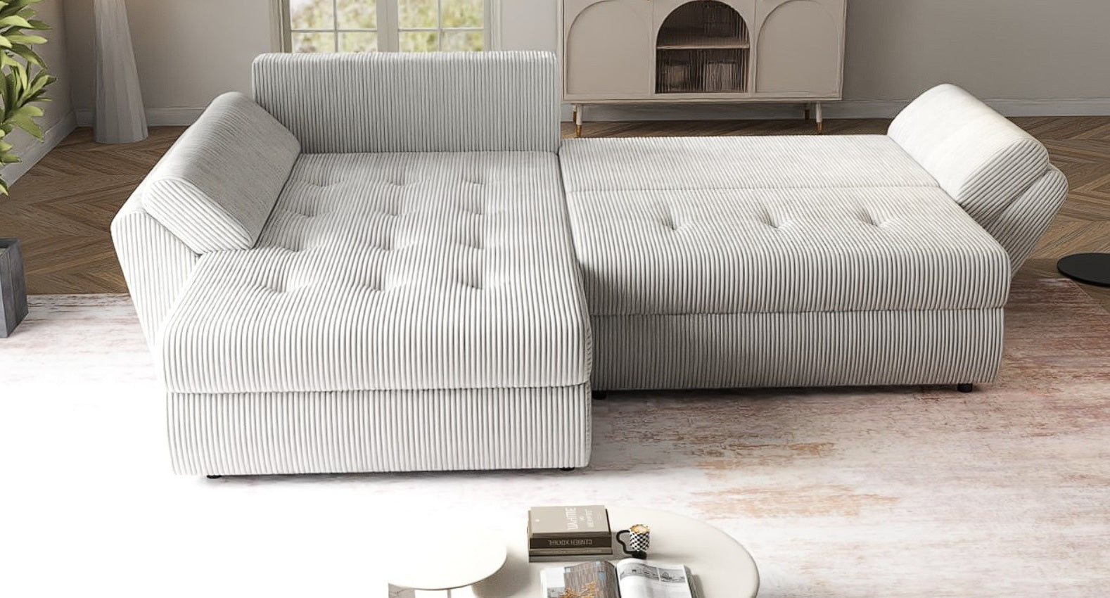 Colțar extensibil dumonde cu ladă de depozitare si sezut confortabil din spuma HR, Loana Zoom Crem 270x185 cm Fabrica