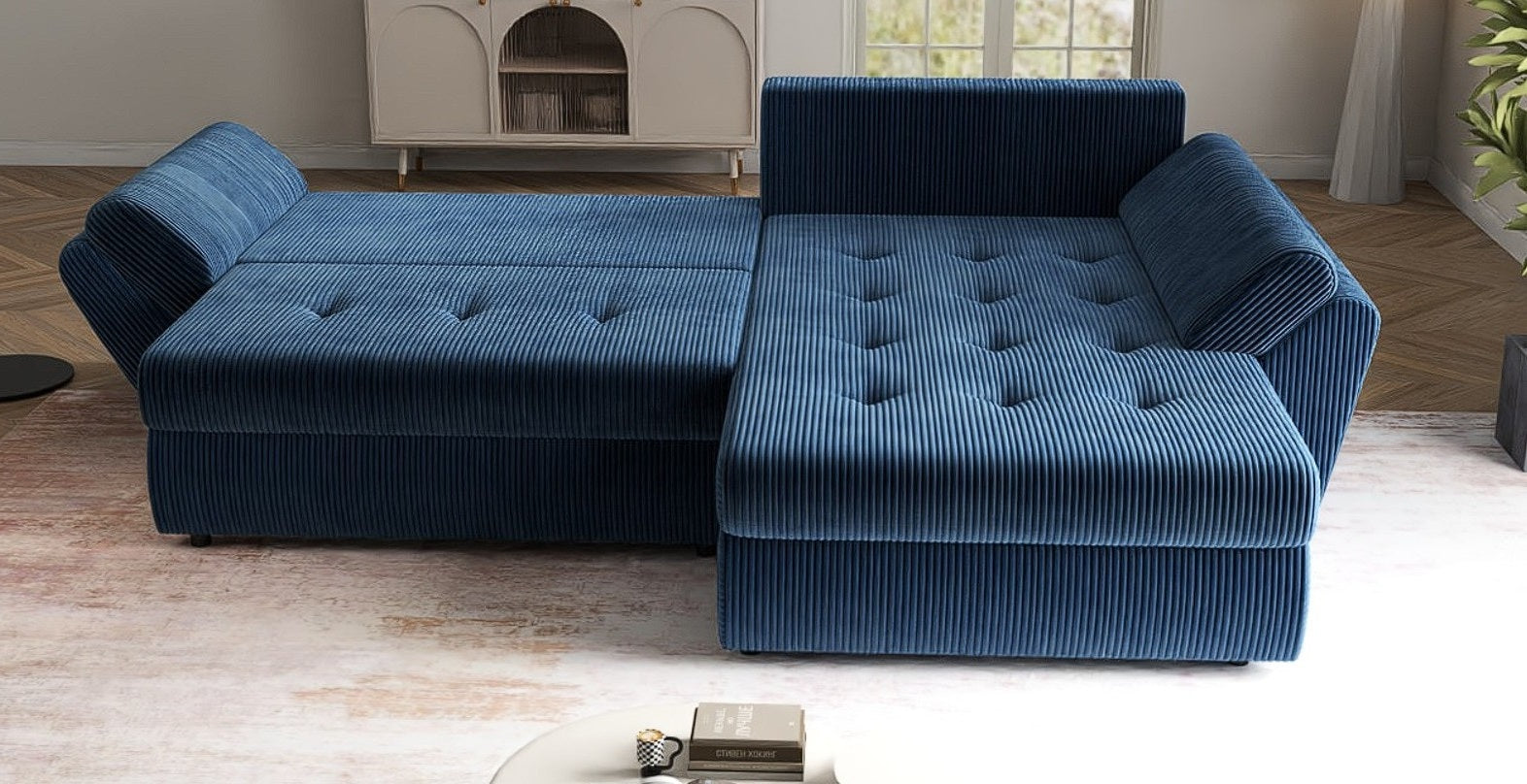 Colțar extensibil dumonde cu ladă de depozitare si sezut confortabil din spuma HR, Loana Zoom Blue II 270x185 cm Fabrica