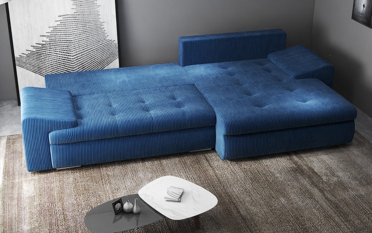 Colțar extensibil dumonde cu ladă de depozitare si sezut confortabil din spuma HR, Leonardo Zoom Albastru 260x185 cm II Fabrica