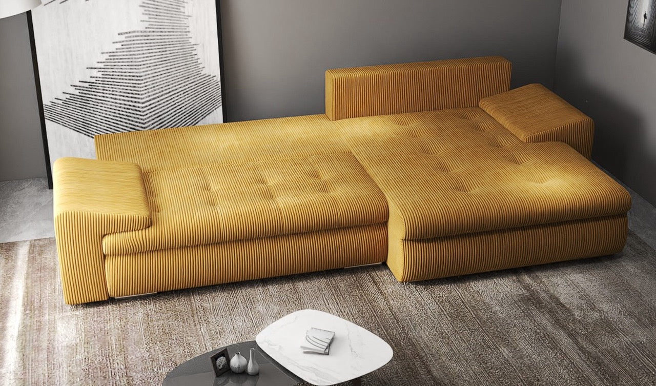 Colțar extensibil dumonde cu ladă de depozitare si sezut confortabil din spuma HR, Leonardo Zoom Mustar 260x185 cm II Fabrica