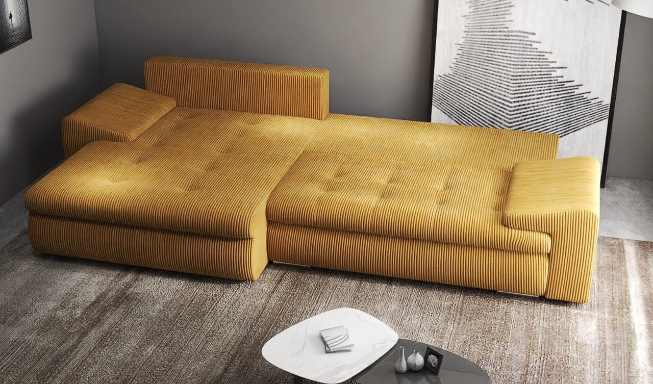 Colțar extensibil dumonde cu ladă de depozitare si sezut confortabil din spuma HR, Leonardo Zoom Mustar 260x185 cm Fabrica