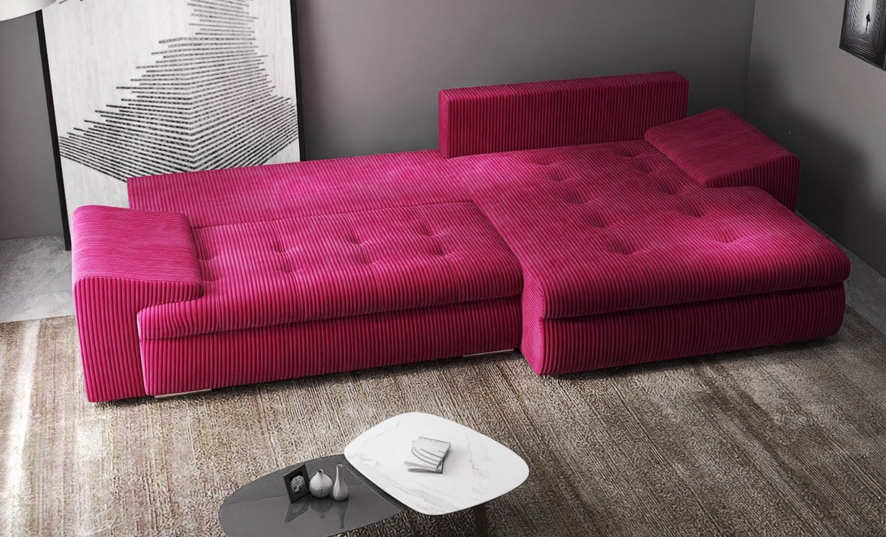 Colțar extensibil dumonde cu ladă de depozitare si sezut confortabil din spuma HR, Leonardo Zoom Rosu 260x185 cm II Fabrica