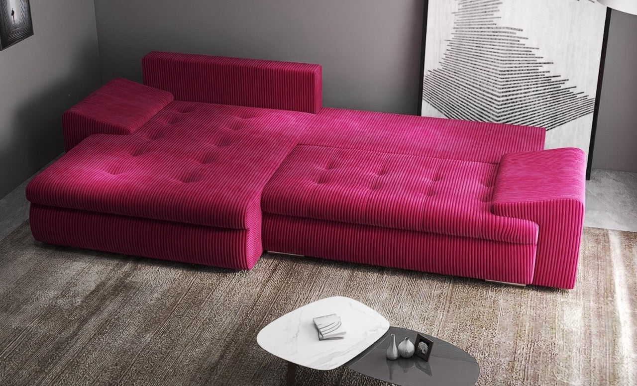 Colțar extensibil dumonde cu ladă de depozitare si sezut confortabil din spuma HR, Leonardo Zoom Rosu 260x185 cm Fabrica