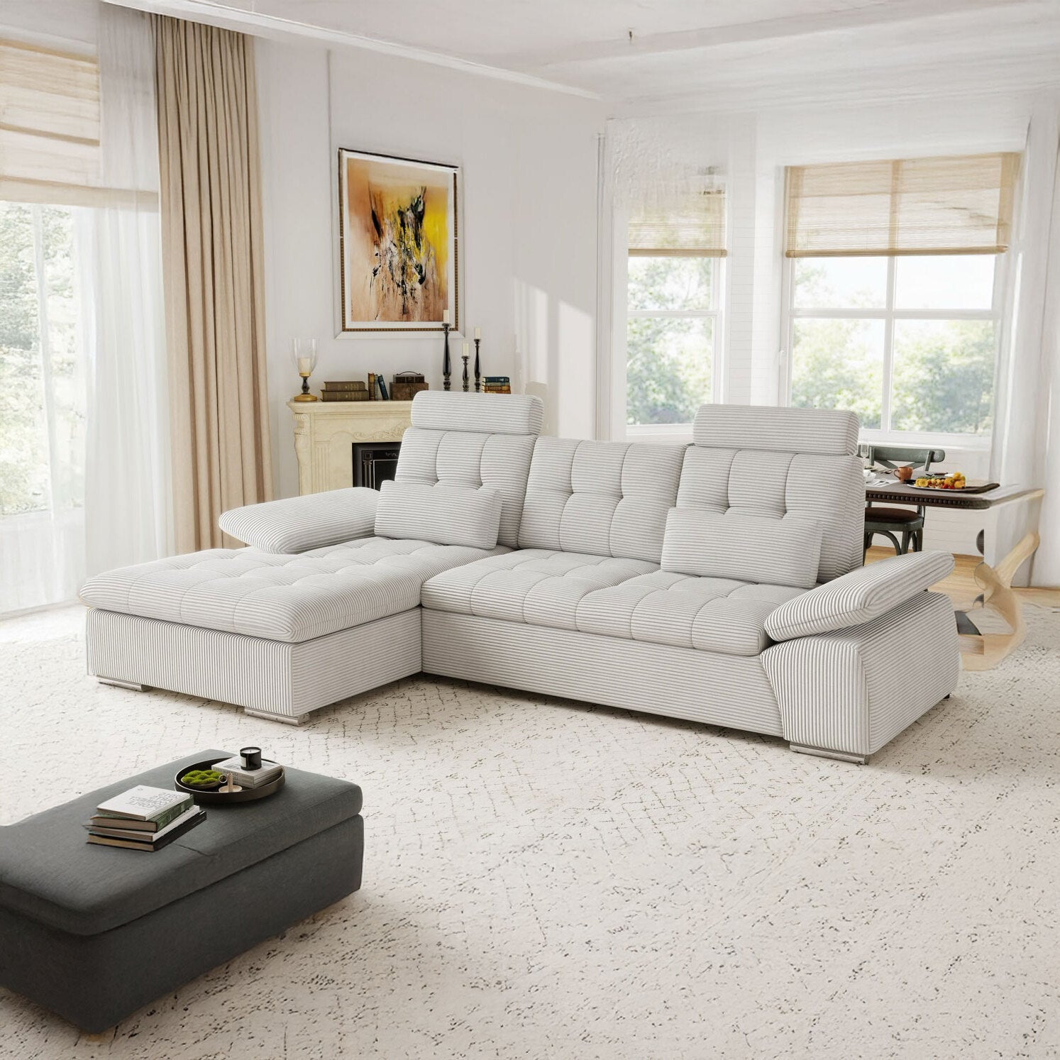 Colțar extensibil dumonde cu ladă de depozitare și șezut confortabil din spumă HR, Merkur Zoom Gri 270x168 cm