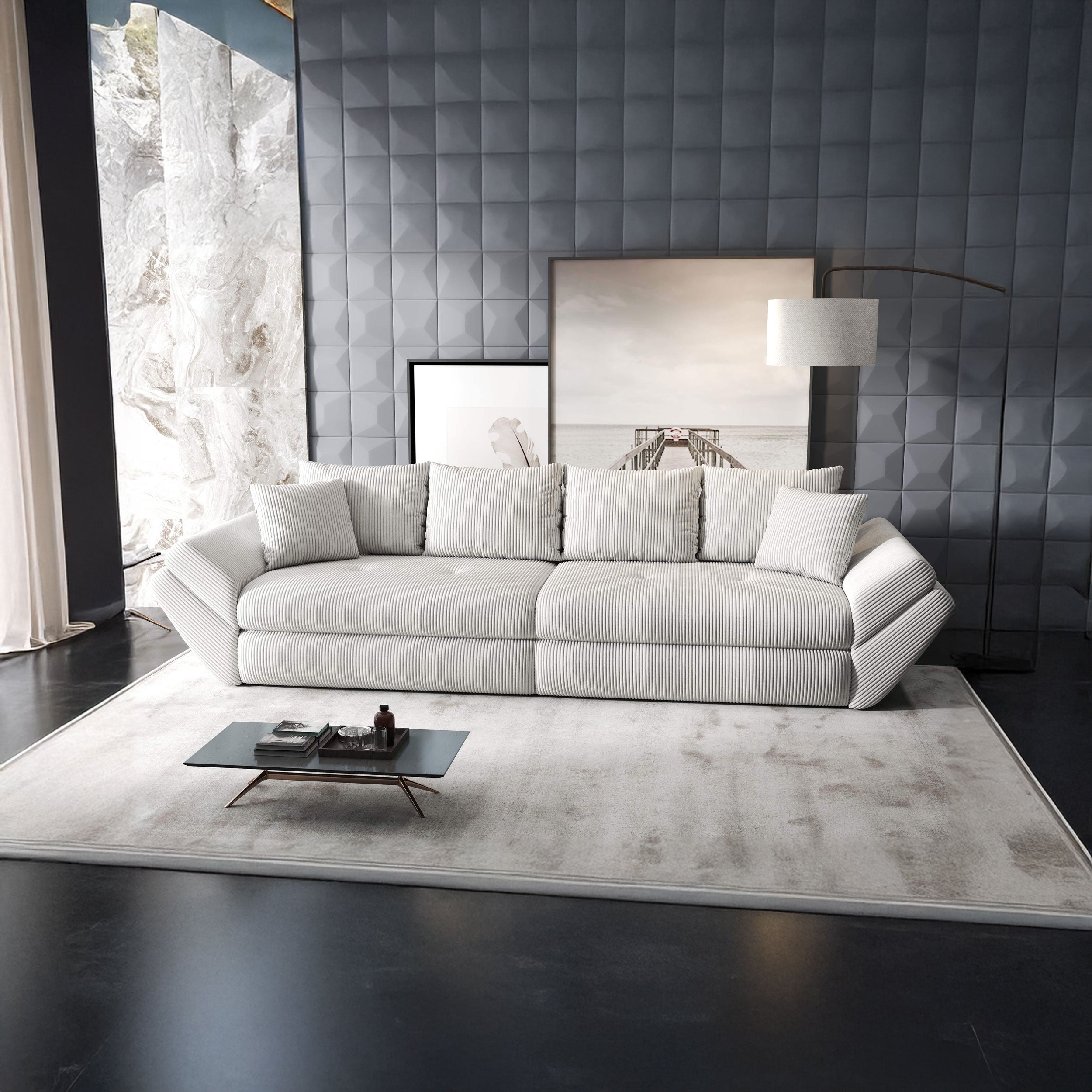 Canapea extensibilă dumonde cu ladă de depozitare si sezut confortabil din spuma HR, Loana Zoom Cream 300x100 cm Fabrica