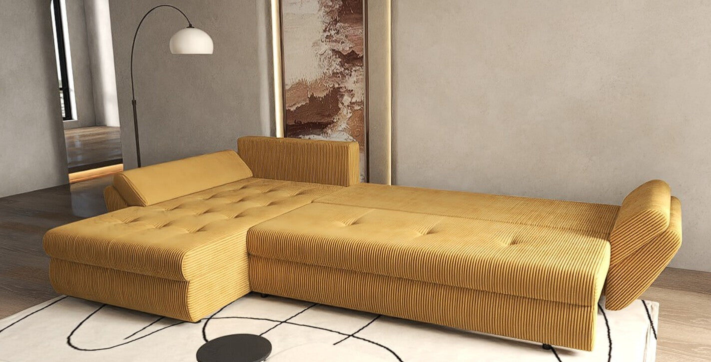 Colțar extensibil dumonde cu ladă de depozitare si sezut confortabil din spuma HR, Loana XL Zoom Mustar II 335x185 cm Fabrica