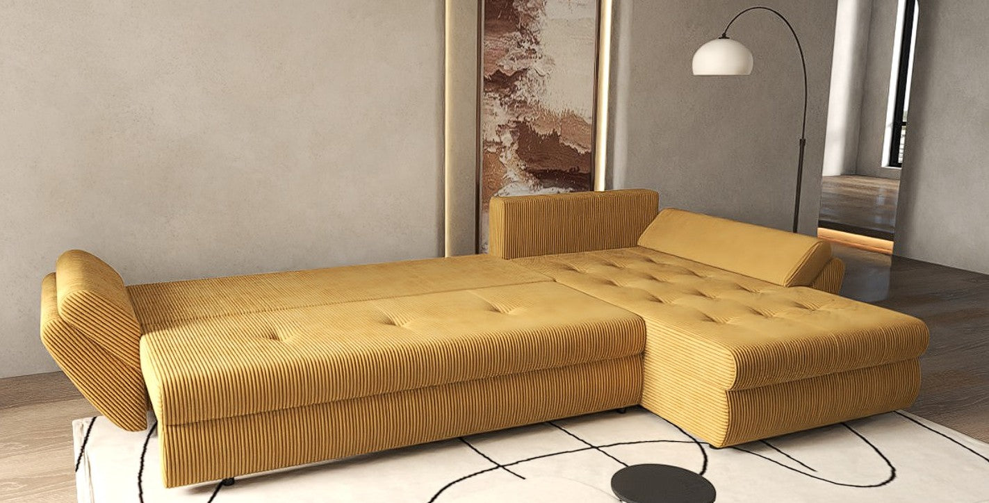 Colțar extensibil dumonde cu ladă de depozitare si sezut confortabil din spuma HR, Loana XL Zoom Mustar 335x185 cm Fabrica