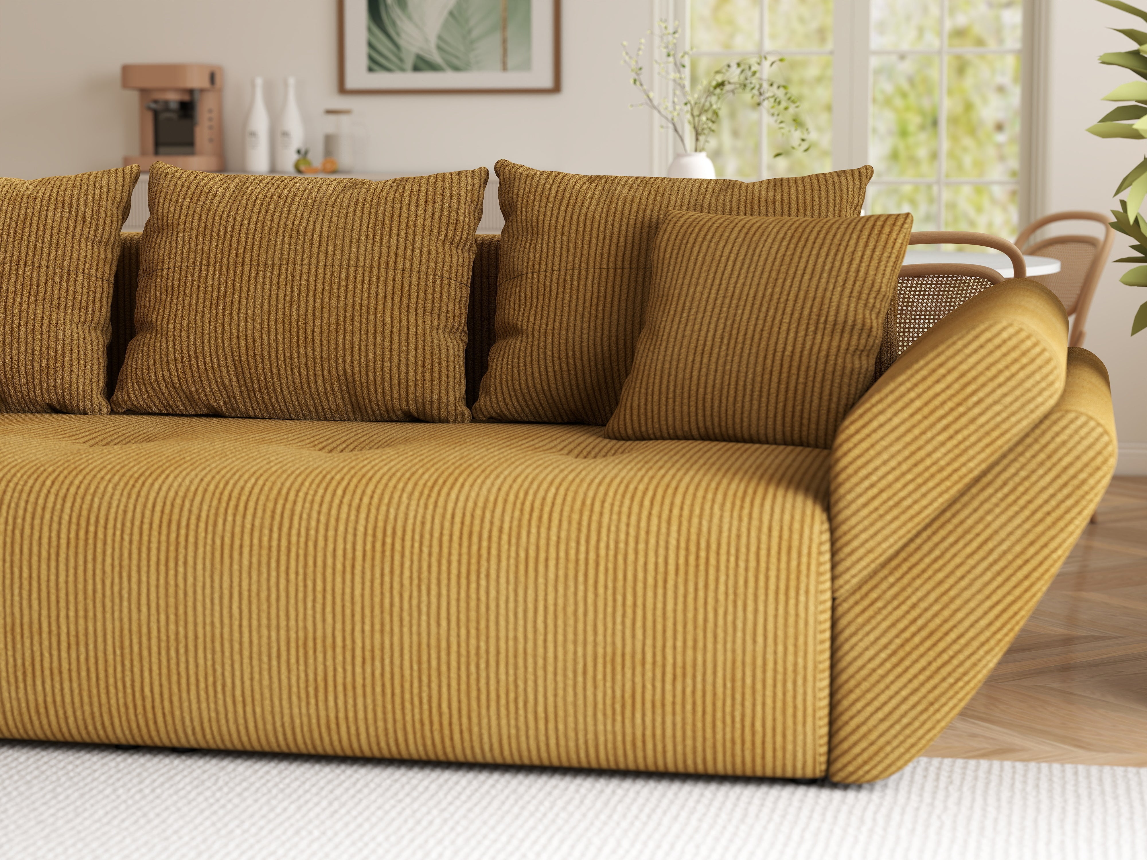 Canapea extensibilă dumonde cu ladă de depozitare si sezut confortabil din spuma HR, Berlin Zoom Mustar 250x100 cm Fabrica