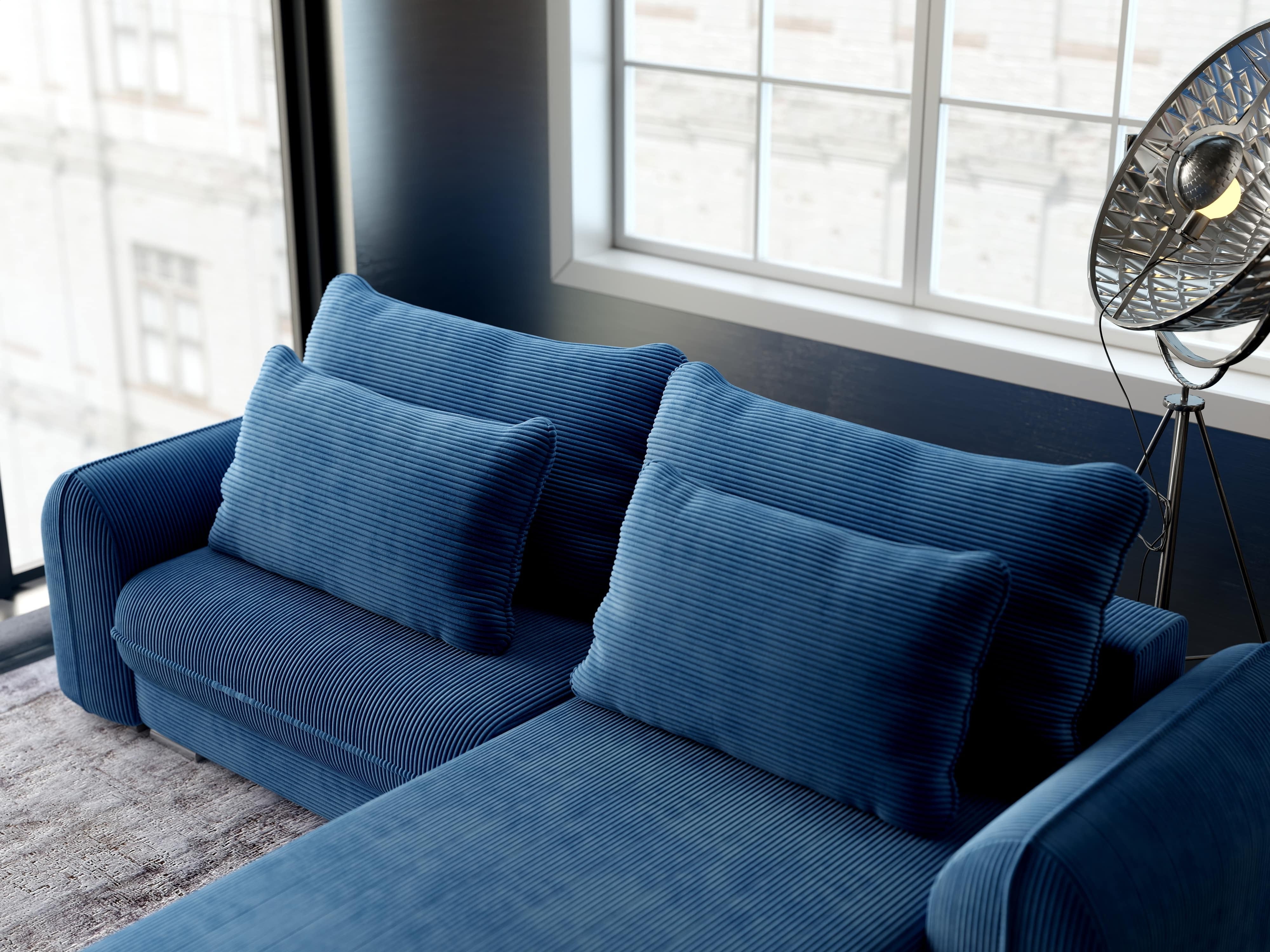 Colțar extensibil dumonde cu ladă de depozitare si sezut confortabil din spuma HR, Denver Zoom Albastru 275x185 cm II Fabrica