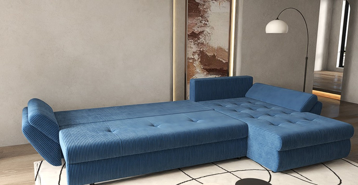 Colțar extensibil dumonde cu ladă de depozitare si sezut confortabil din spuma HR, Loana XL Zoom Albastru 335x185 cm Fabrica