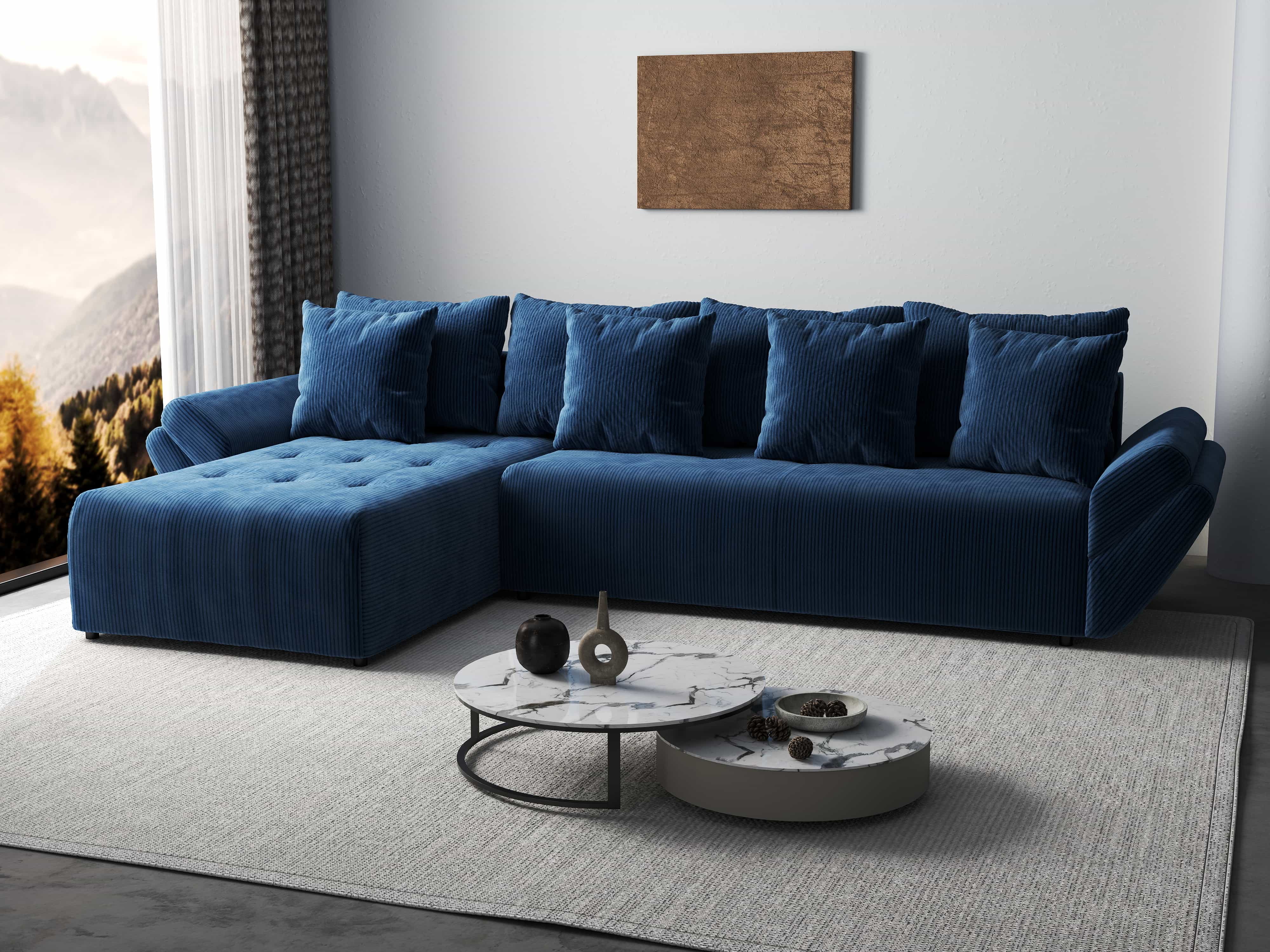 Colțar extensibil dumonde cu ladă de depozitare si sezut confortabil din spuma HR, Berlin XL Zoom Blue 350x185 cm Fabrica