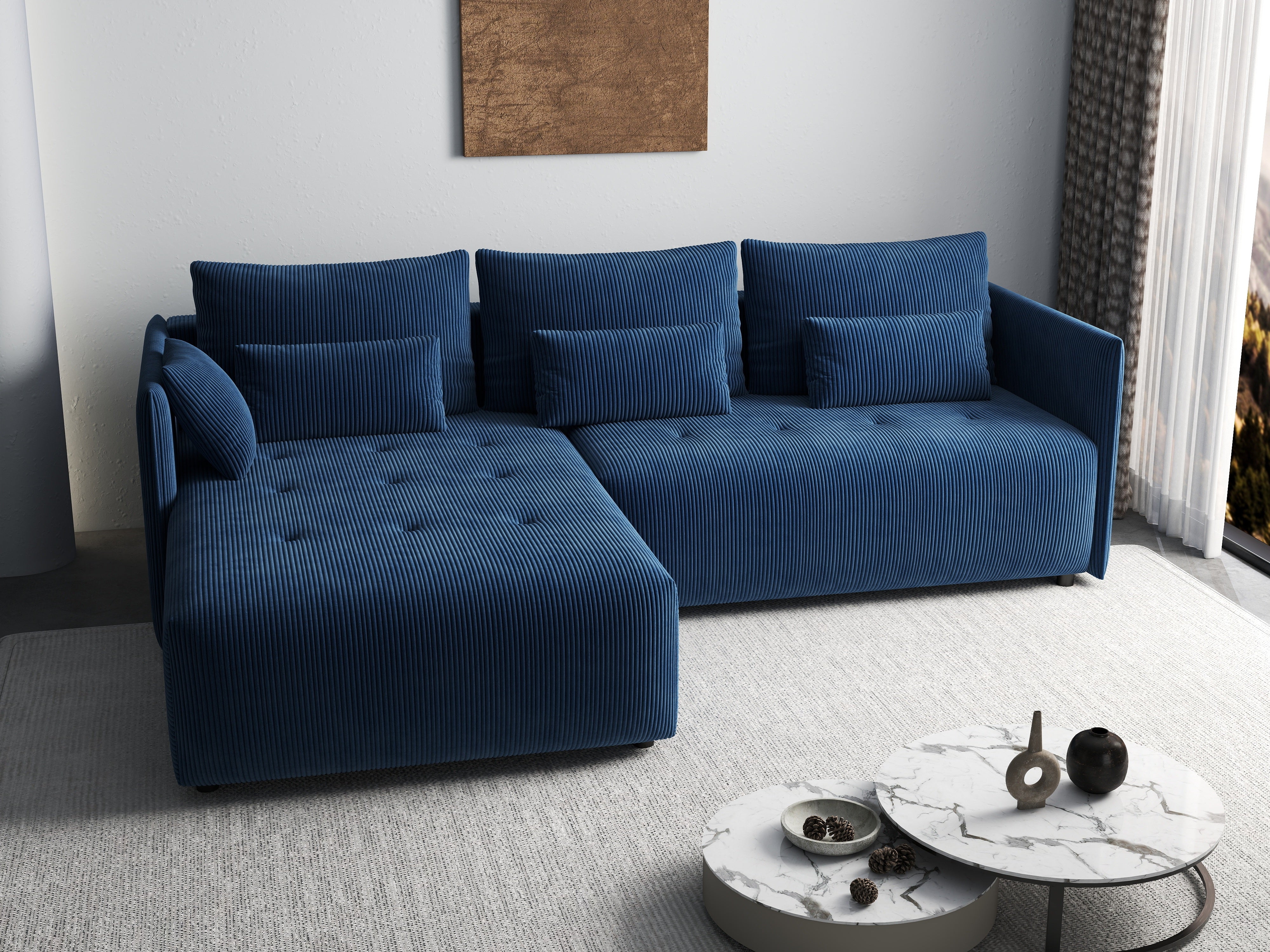 Colțar extensibil dumonde cu ladă de depozitare si sezut confortabil din spuma HR, Malta Zoom Blue II 235x185 cm Fabrica