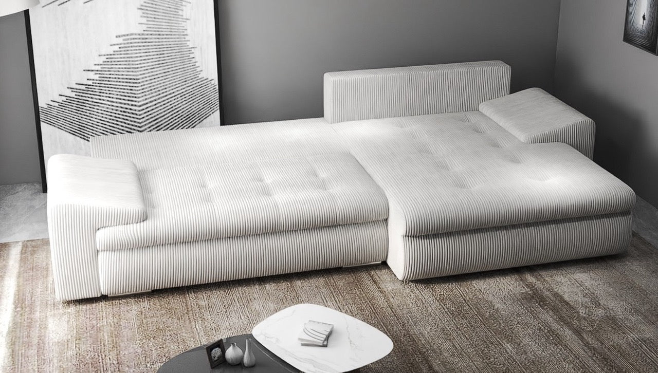 Colțar extensibil dumonde cu ladă de depozitare si sezut confortabil din spuma HR, Leonardo Zoom Crem 260x185 cm II Fabrica