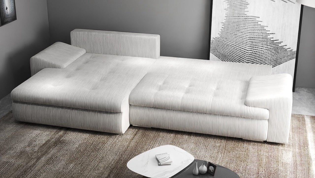 Colțar extensibil dumonde cu ladă de depozitare si sezut confortabil din spuma HR, Leonardo Zoom Crem 260x185 cm Fabrica