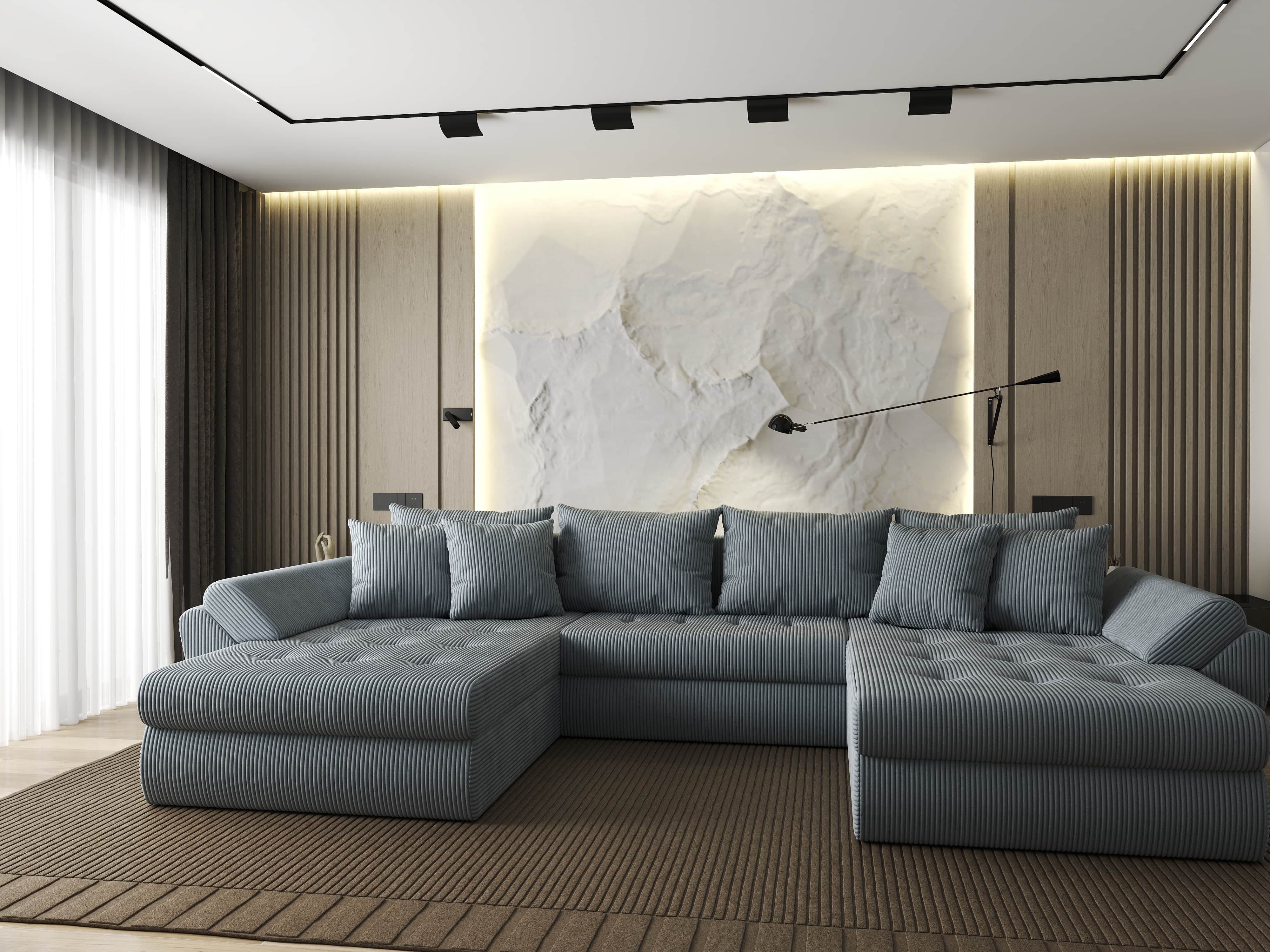 Colțar extensibil dumonde cu ladă de depozitare si sezut confortabil din spuma HR, Loana U Zoom Grey 355x185 cm Fabrica