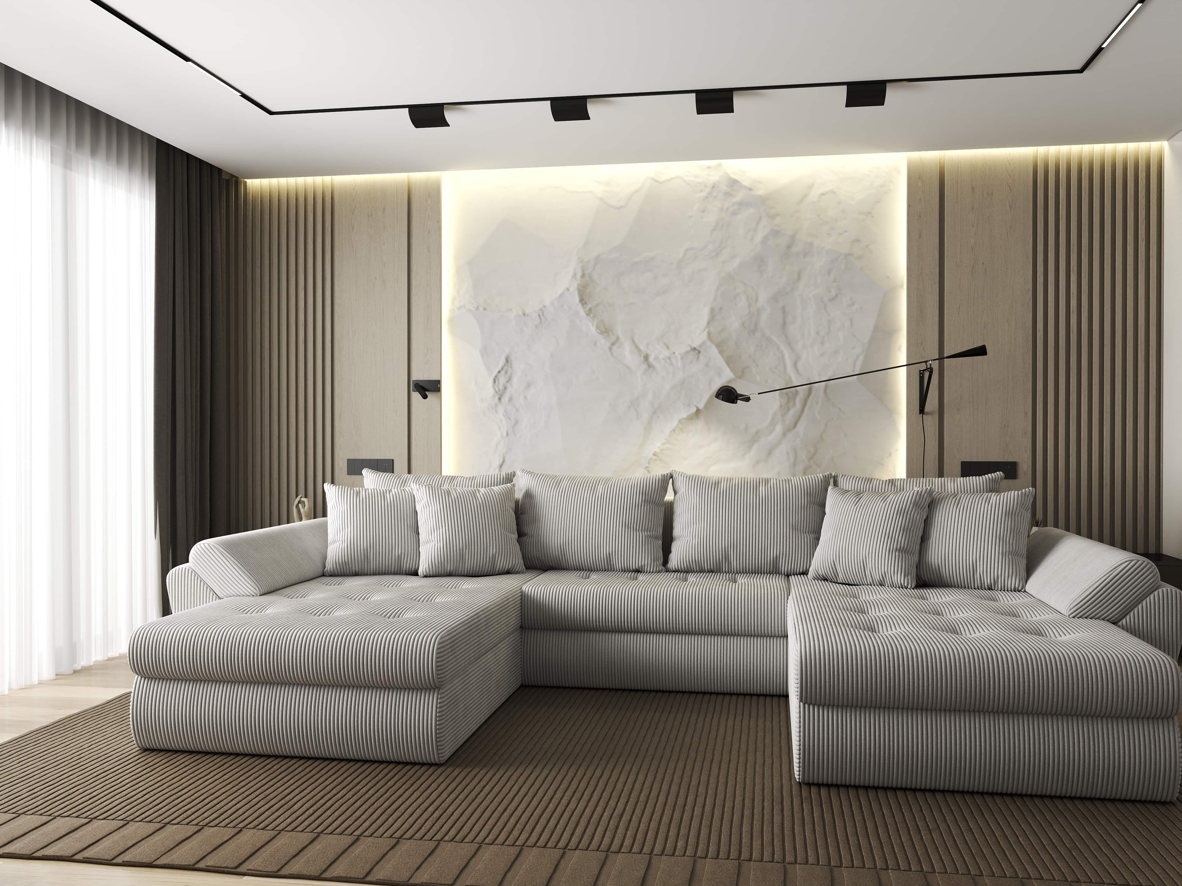 Colțar extensibil dumonde cu ladă de depozitare si sezut confortabil din spuma HR, Loana U Zoom Cream 355x185 cm Fabrica