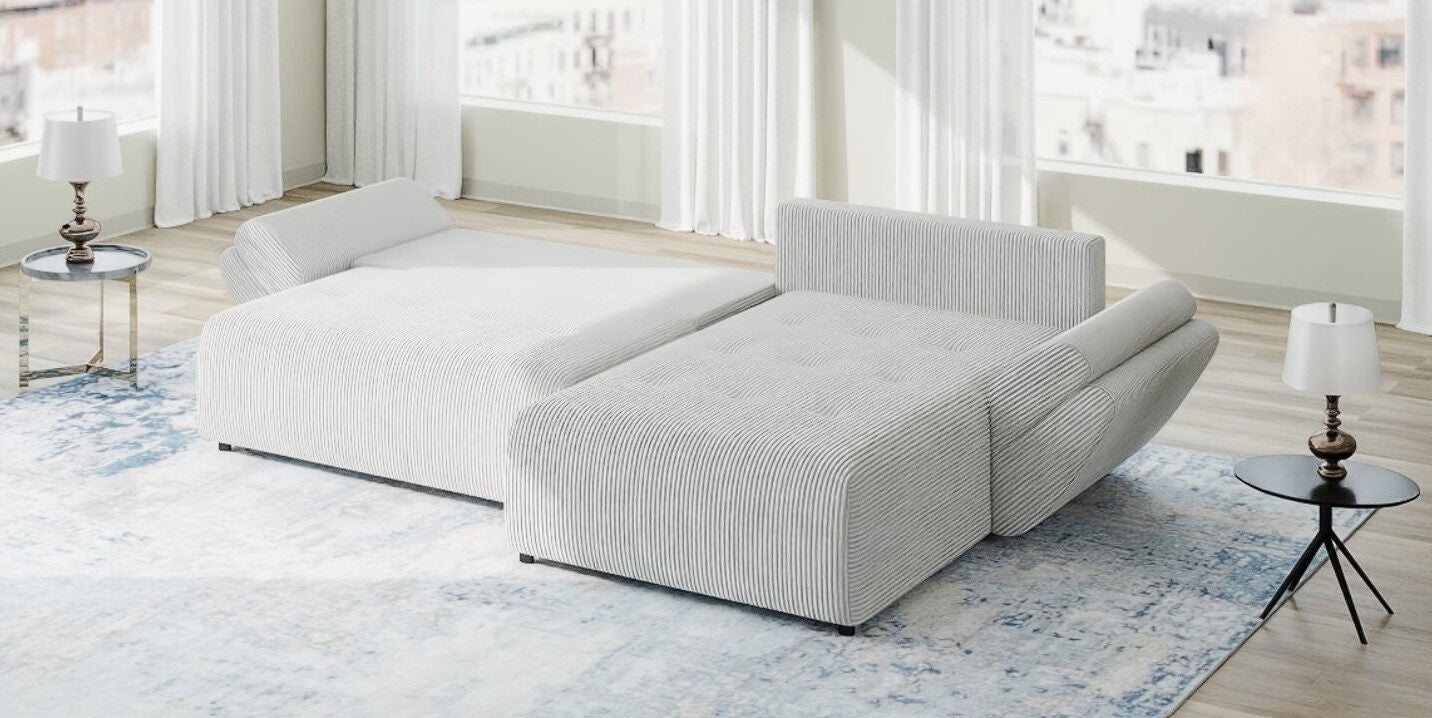 Colțar extensibil dumonde cu ladă de depozitare si sezut confortabil din spuma HR, Berlin Zoom Gri 280x185 cm