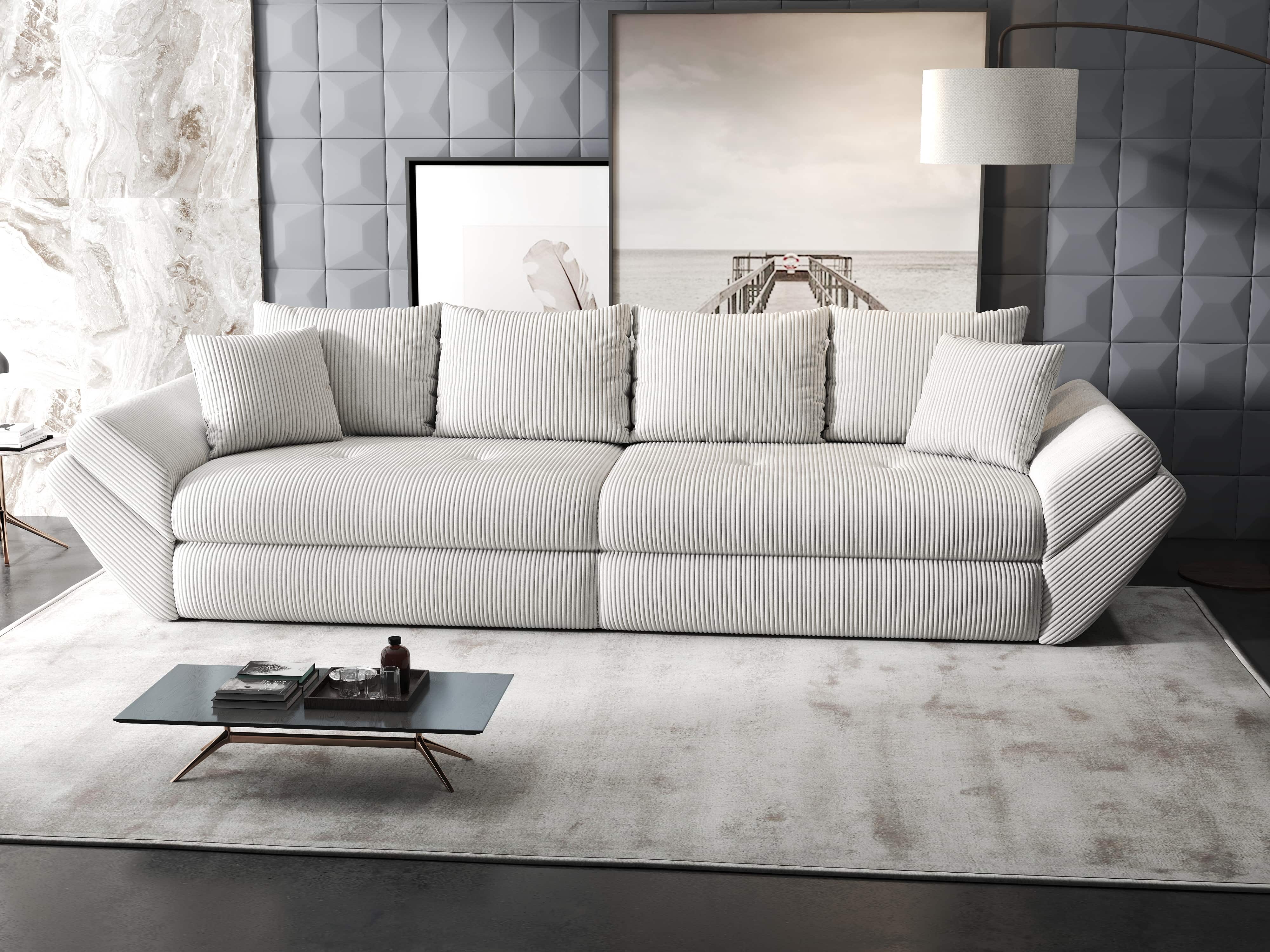 Canapea extensibilă dumonde cu ladă de depozitare si sezut confortabil din spuma HR, Loana Zoom Cream 300x100 cm Fabrica