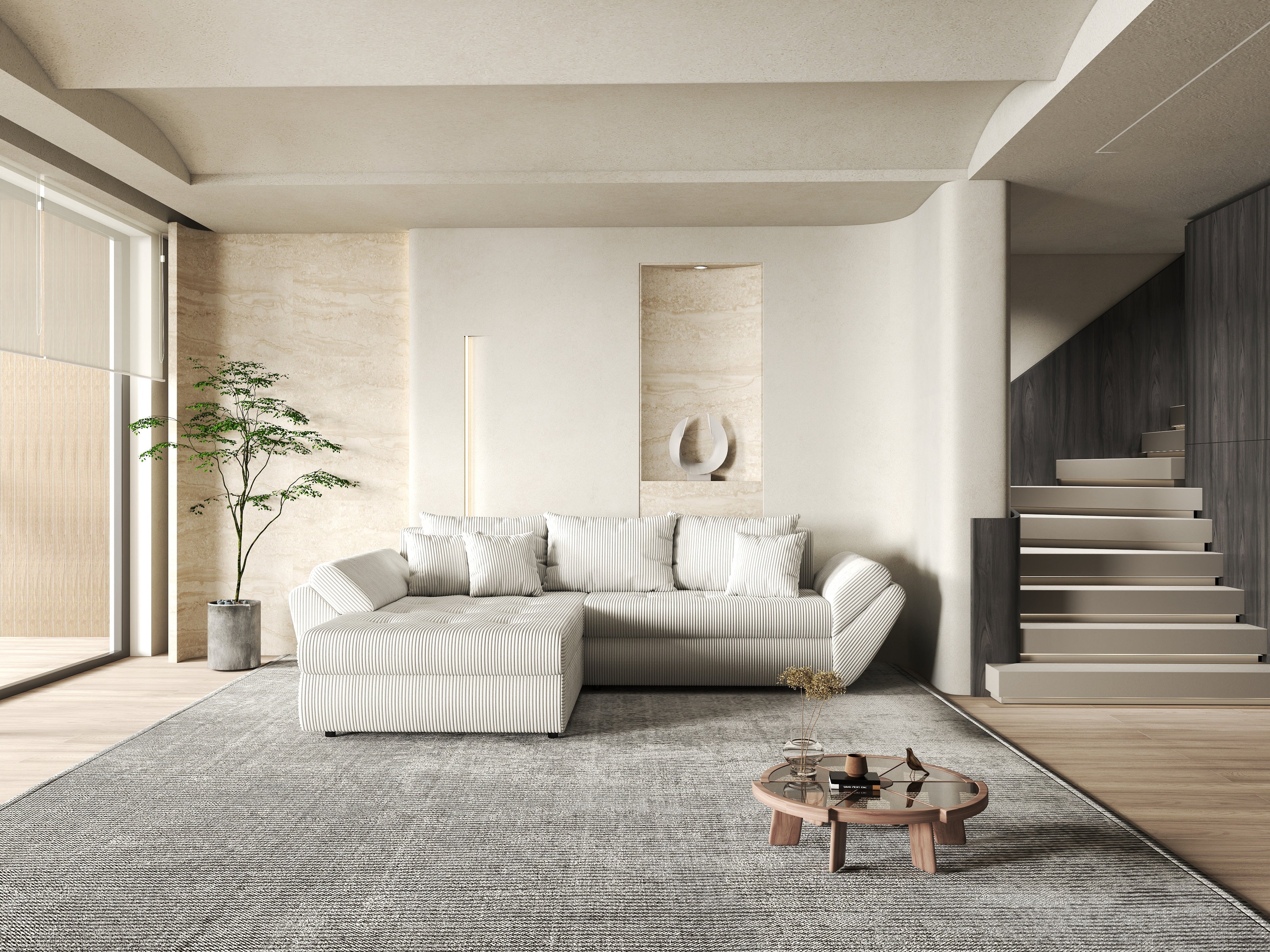 Colțar extensibil dumonde cu ladă de depozitare si sezut confortabil din spuma HR, Loana Zoom Crem 270x185 cm Fabrica