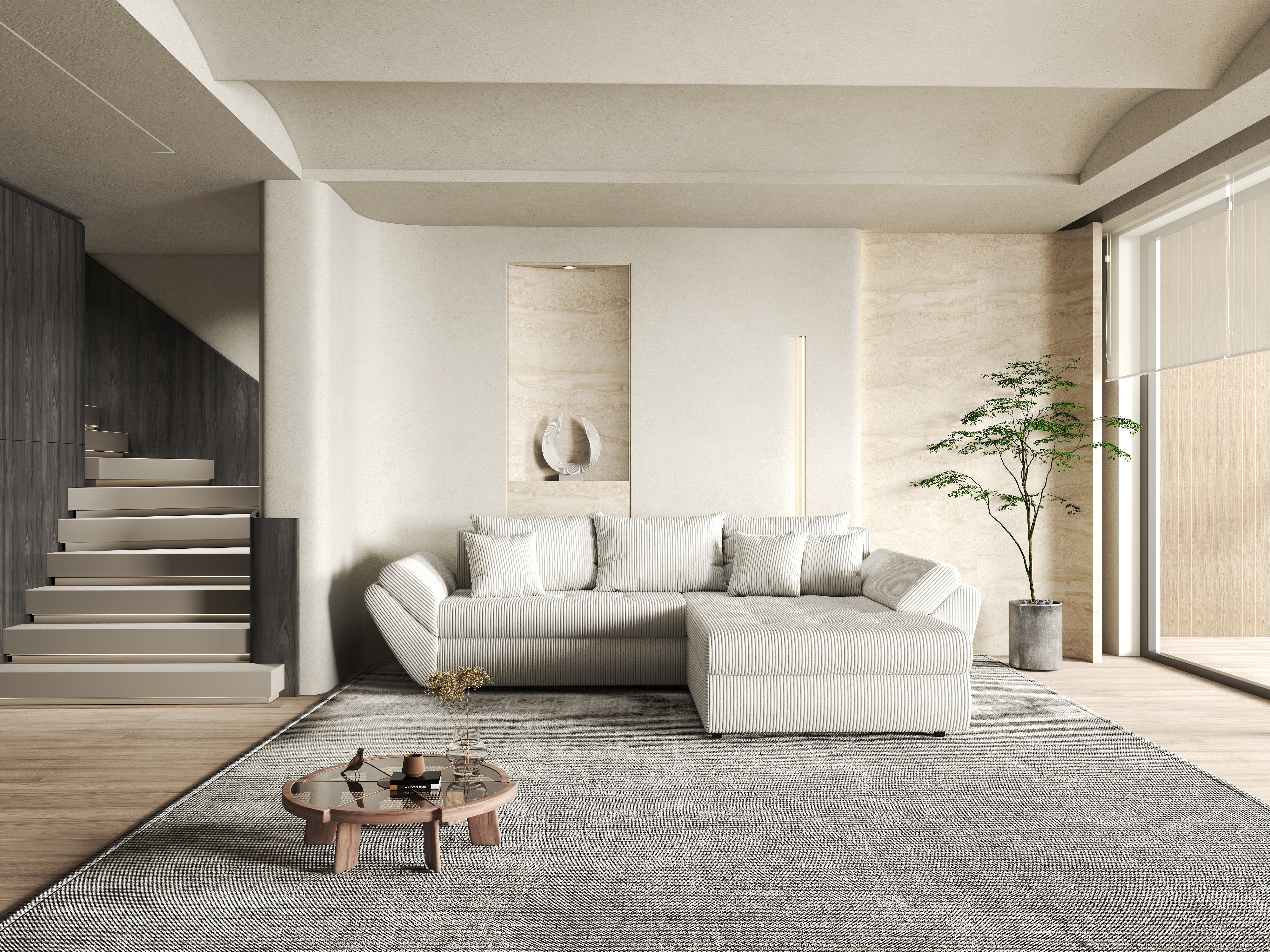 Colțar extensibil dumonde cu ladă de depozitare si sezut confortabil din spuma HR, Loana Zoom Crem II 270x185 cm Fabrica