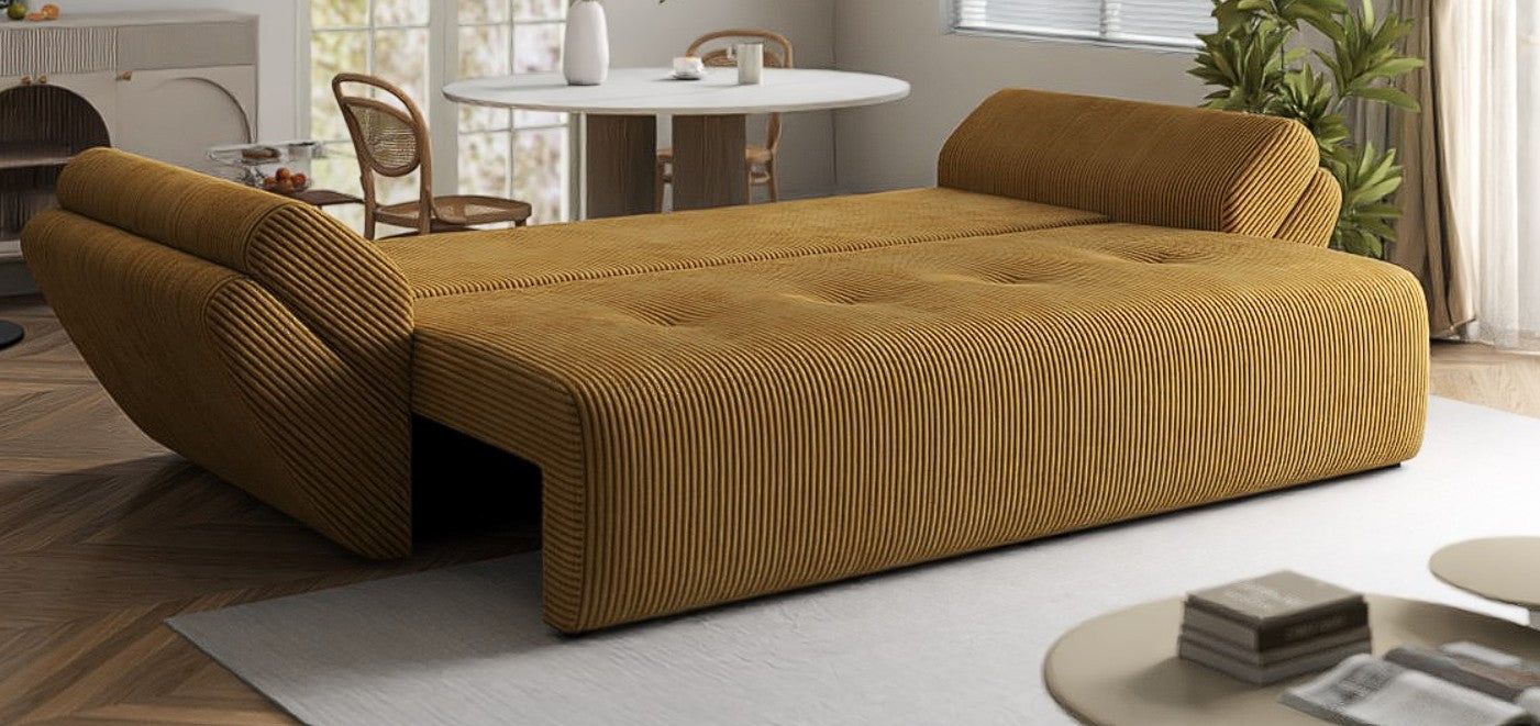 Canapea extensibilă dumonde cu ladă de depozitare si sezut confortabil din spuma HR, Berlin Zoom Mustar 250x100 cm Fabrica