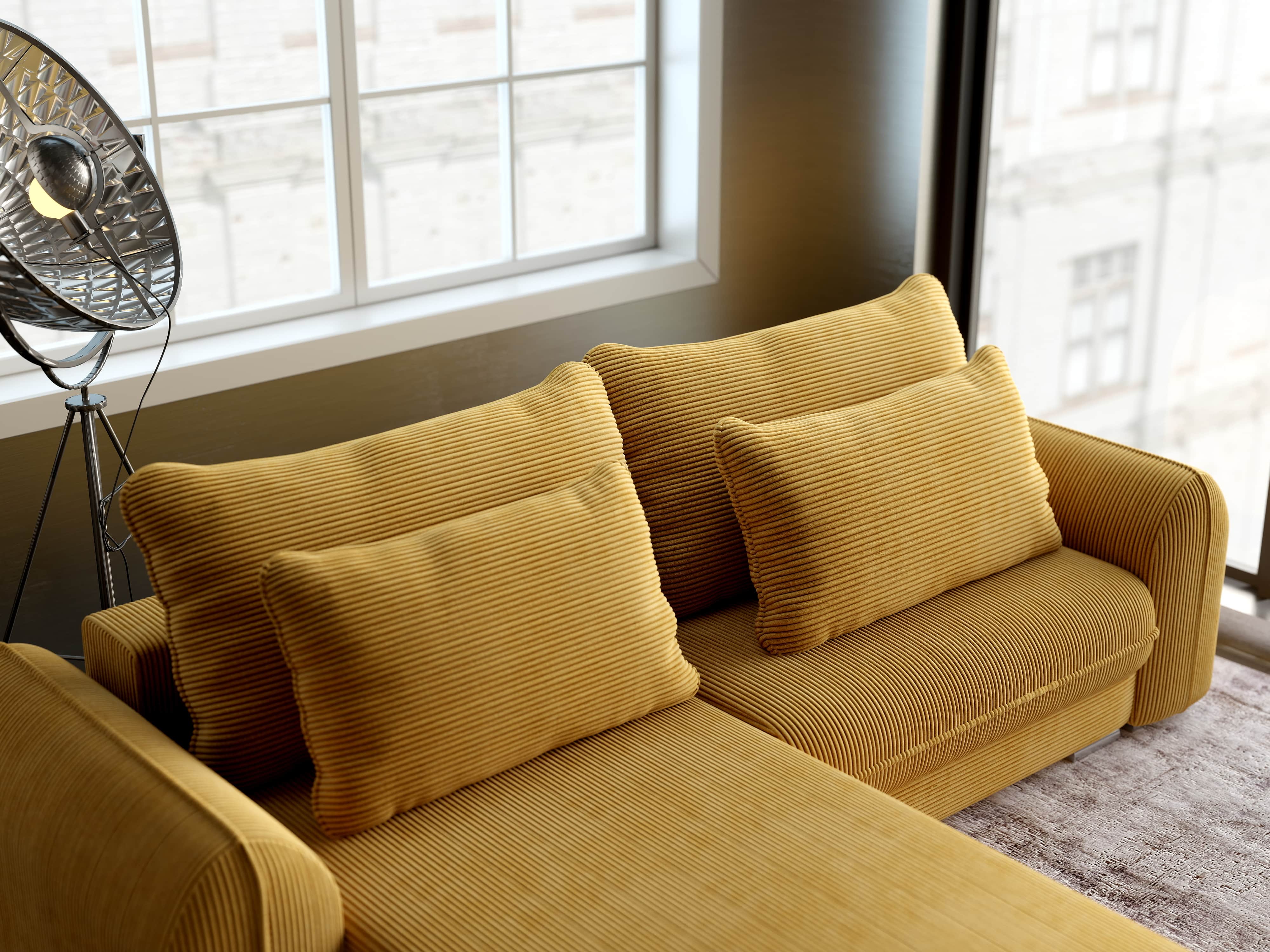 Colțar extensibil dumonde cu ladă de depozitare si sezut confortabil din spuma HR, Denver Zoom Mustar 275x185 cm Fabrica