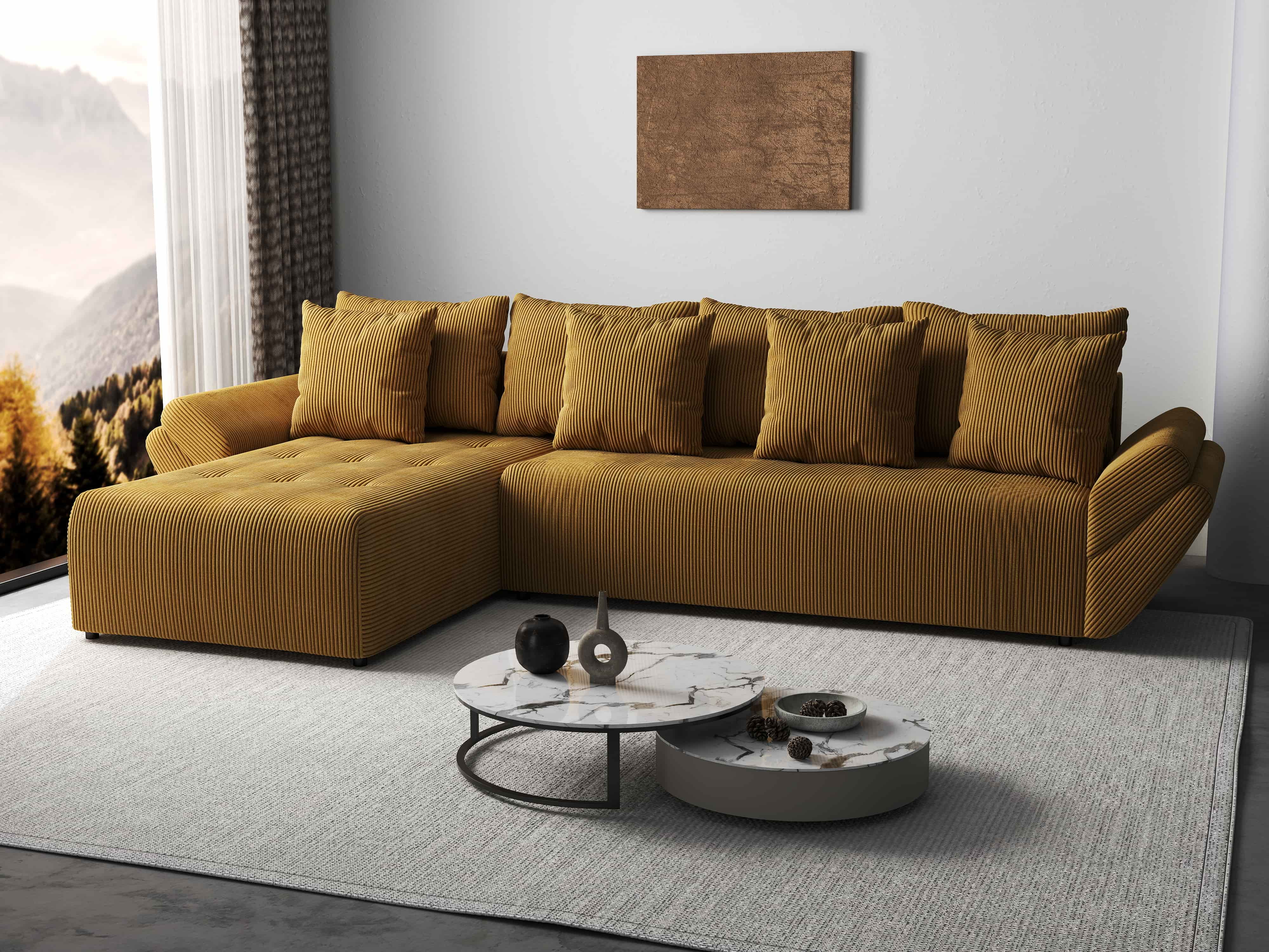 Colțar extensibil dumonde cu ladă de depozitare si sezut confortabil din spuma HR, Berlin XL Zoom Mustar 350x185 cm Fabrica