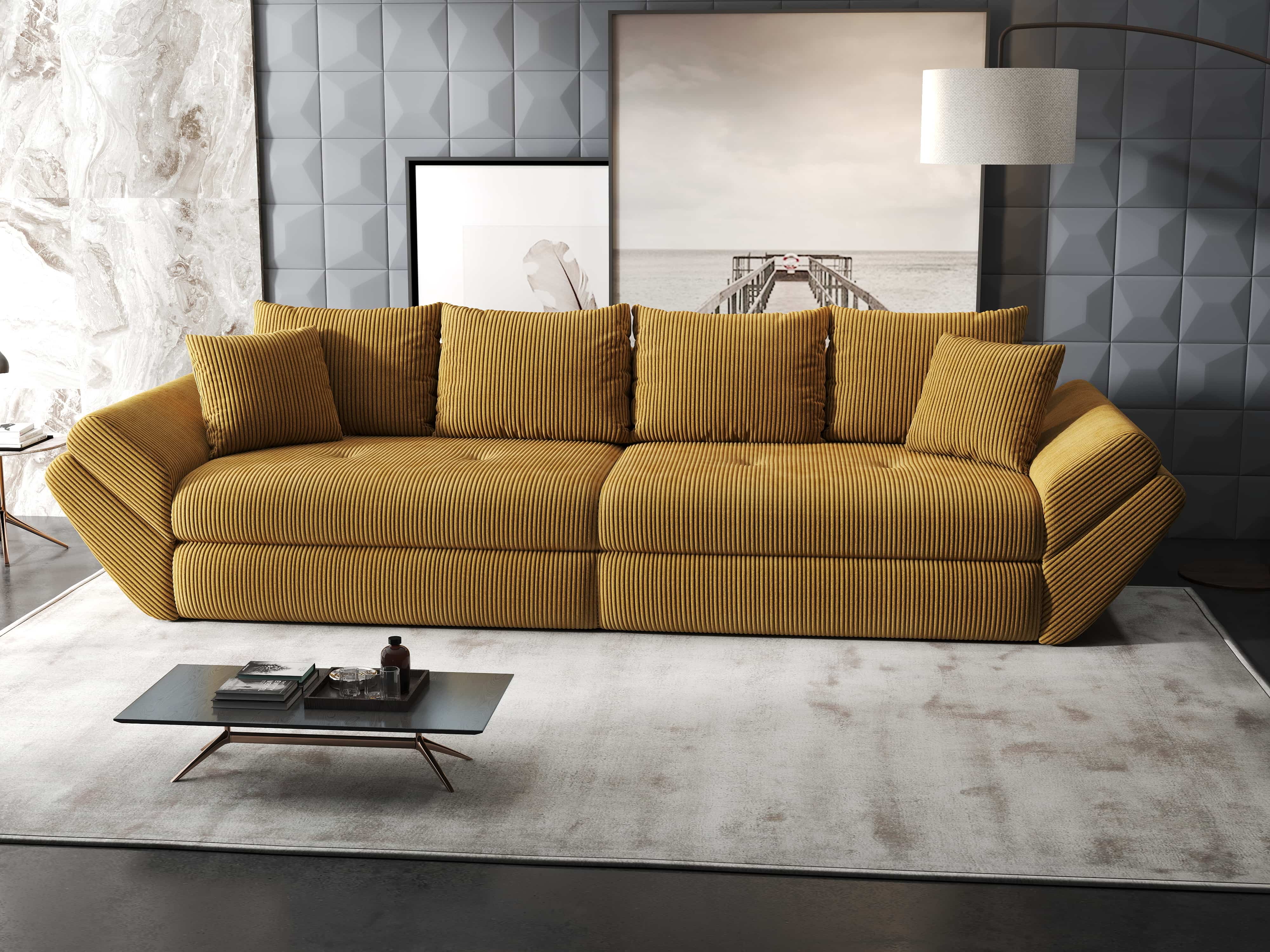 Canapea extensibilă dumonde cu ladă de depozitare si sezut confortabil din spuma HR, Loana Zoom Mustar 300x100 cm Fabrica