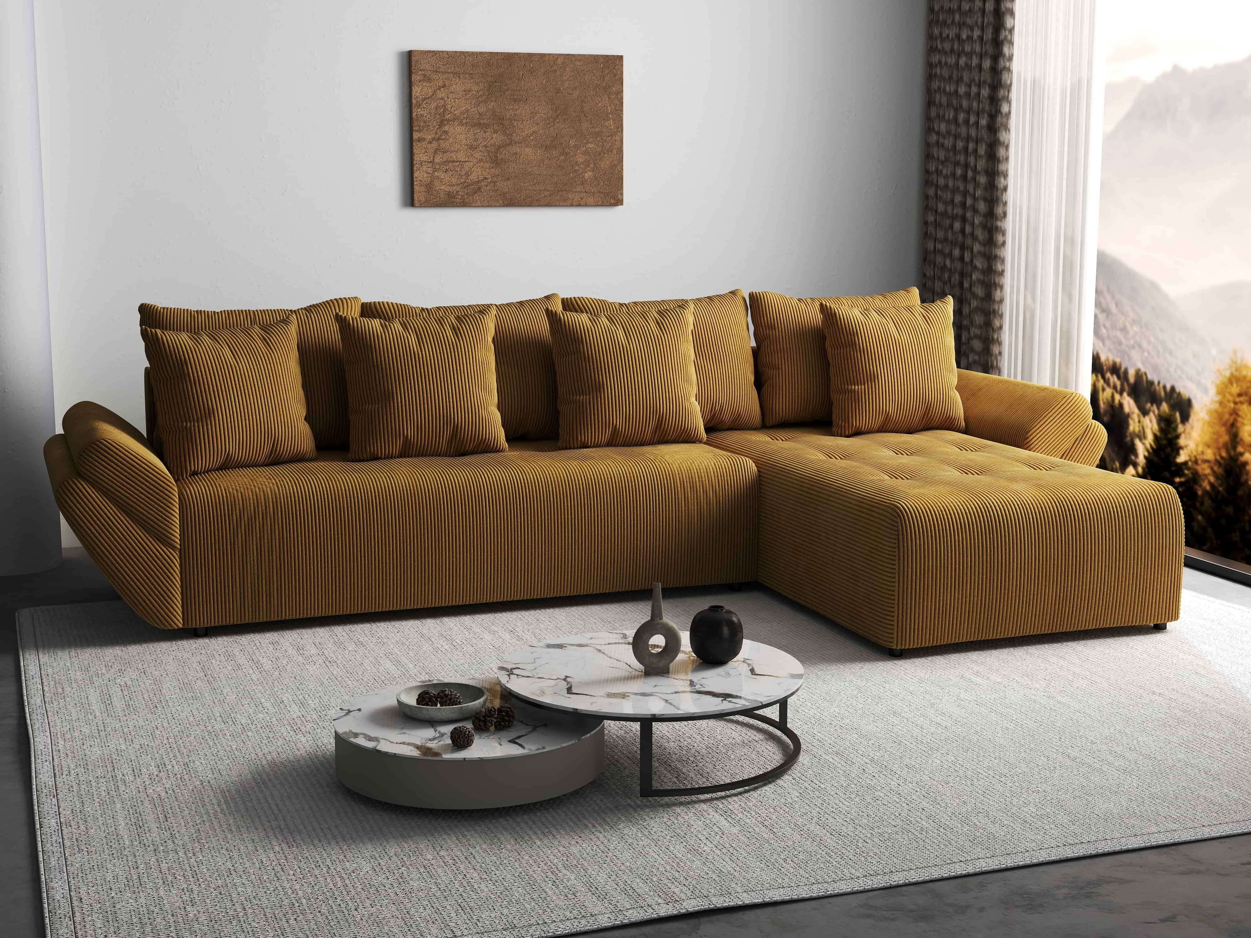 Colțar extensibil dumonde cu ladă de depozitare si sezut confortabil din spuma HR, Berlin XL Zoom Mustar 350x185 cm II Fabrica