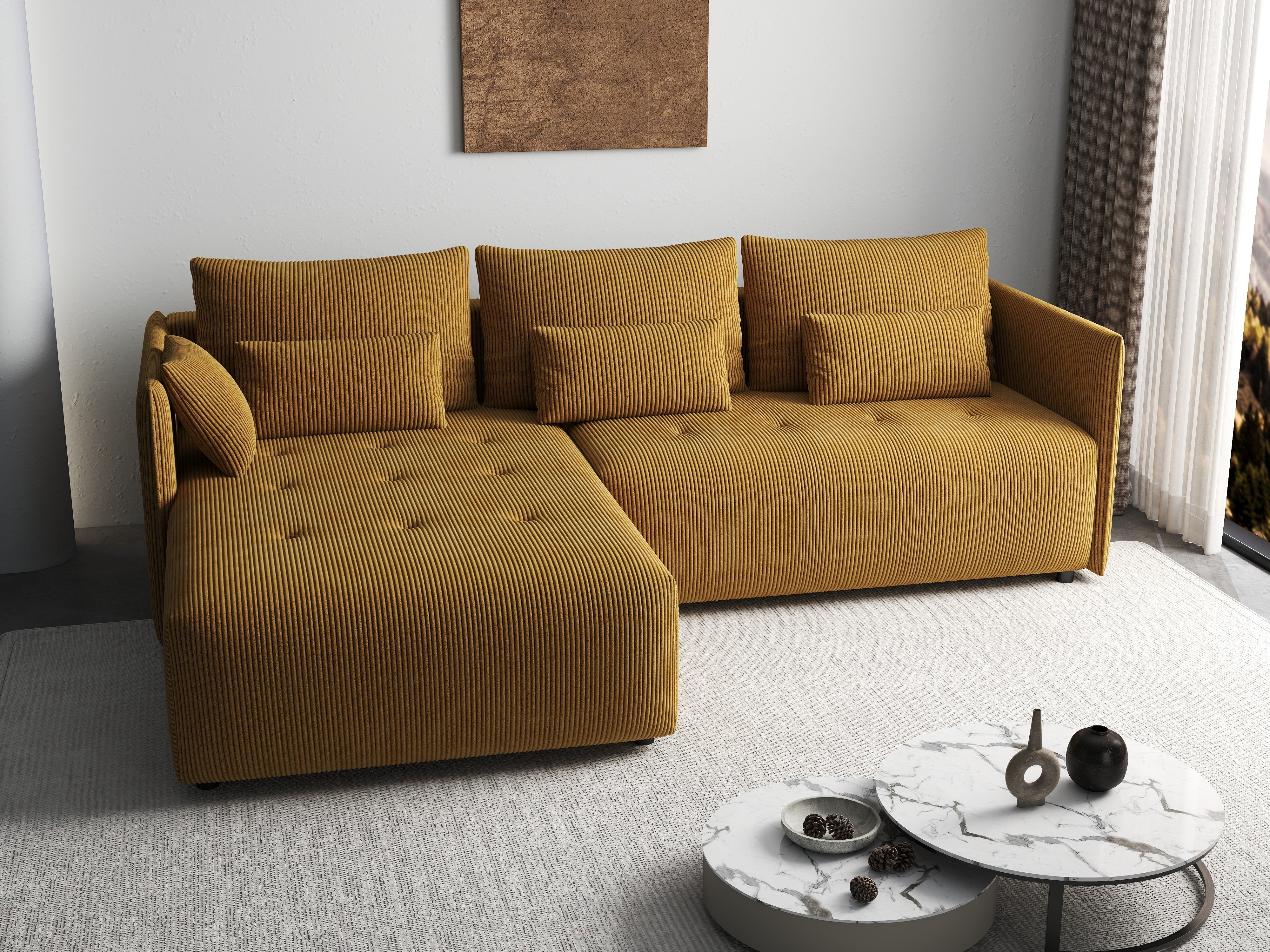 Colțar extensibil dumonde cu ladă de depozitare si sezut confortabil din spuma HR, Malta Zoom Mustar II 235x185 cm Fabrica