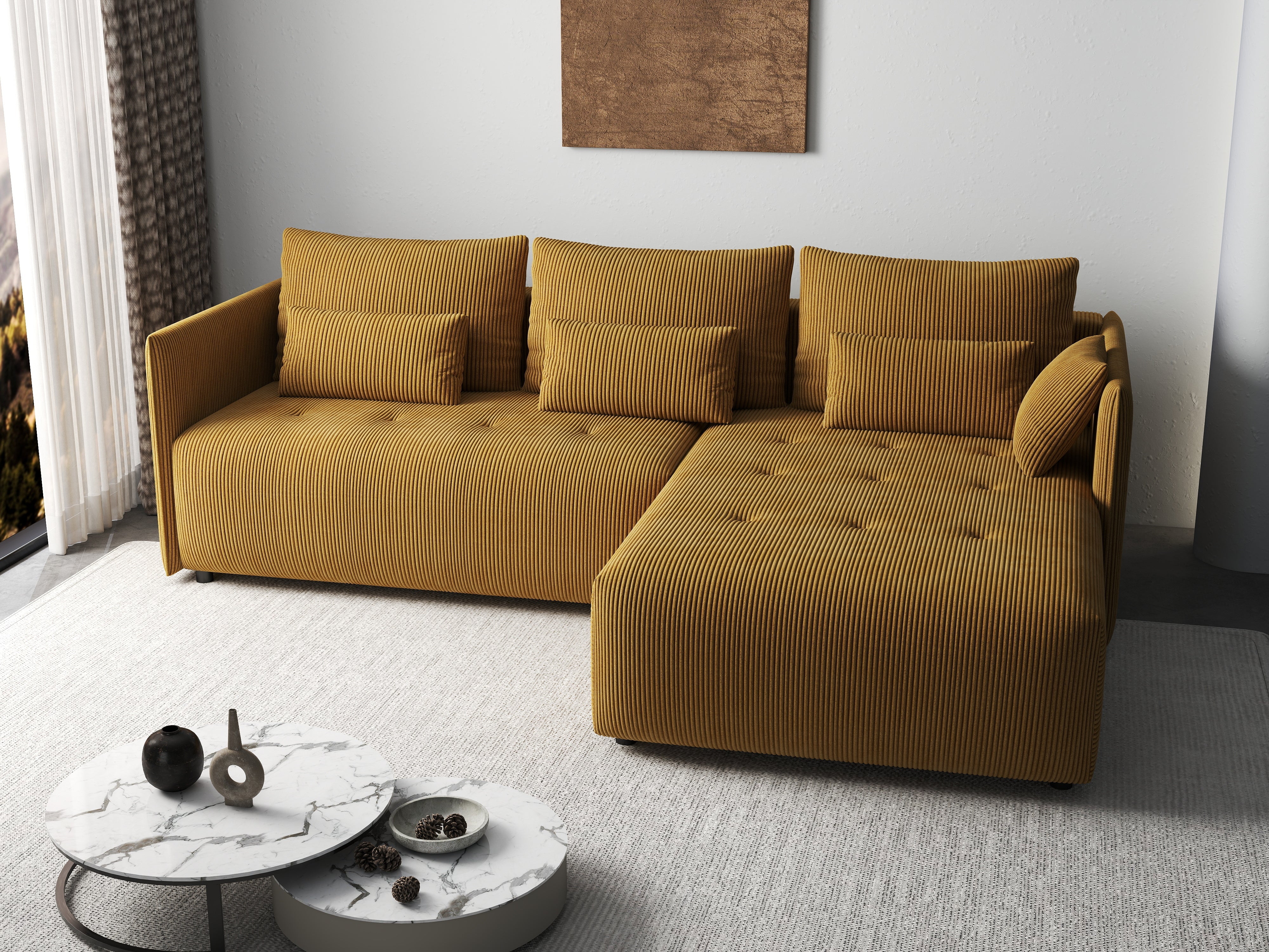 Colțar extensibil dumonde cu ladă de depozitare si sezut confortabil din spuma HR, Malta Zoom Mustar 235x185 cm Fabrica