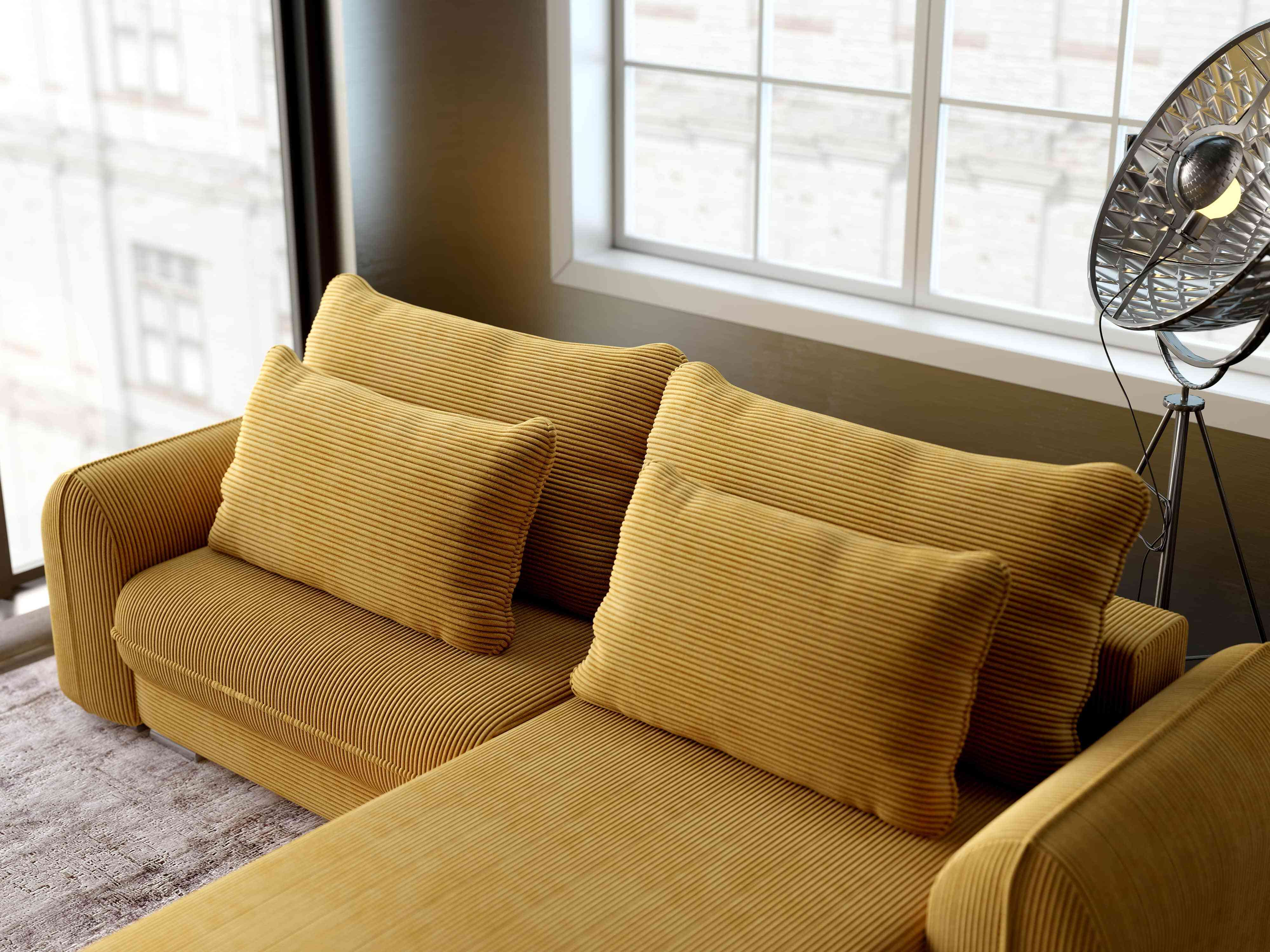 Colțar extensibil dumonde cu ladă de depozitare si sezut confortabil din spuma HR, Denver Zoom Mustar 275x185 cm II Fabrica