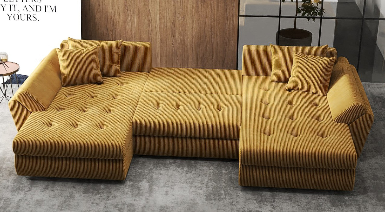 Colțar extensibil dumonde cu ladă de depozitare si sezut confortabil din spuma HR, Berlin U Zoom Mustar 380x180 cm Fabrica