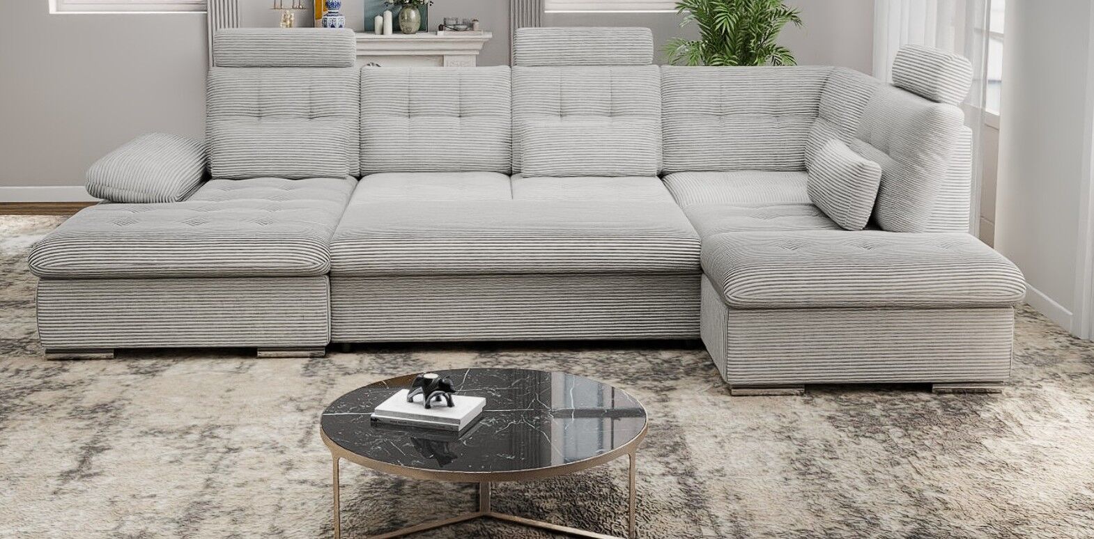 Colțar extensibil dumonde cu ladă de depozitare și șezut confortabil din spumă HR, Merkur U Zoom Gri 324x218 cm