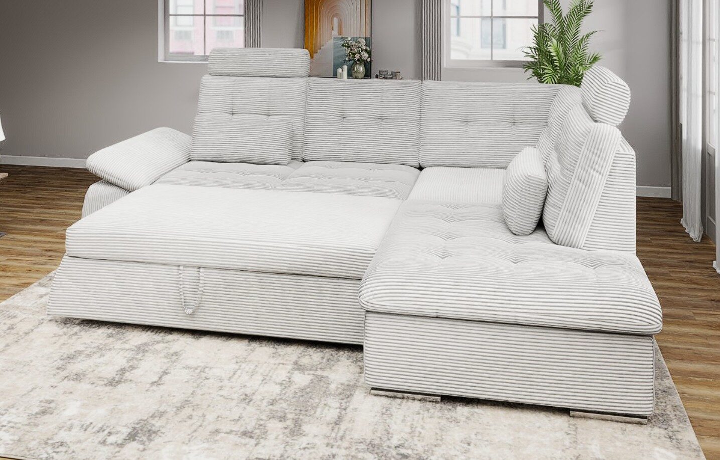 Colțar extensibil dumonde cu ladă de depozitare și șezut confortabil din spumă HR, Merkur XL Zoom Gri 256x217 cm II