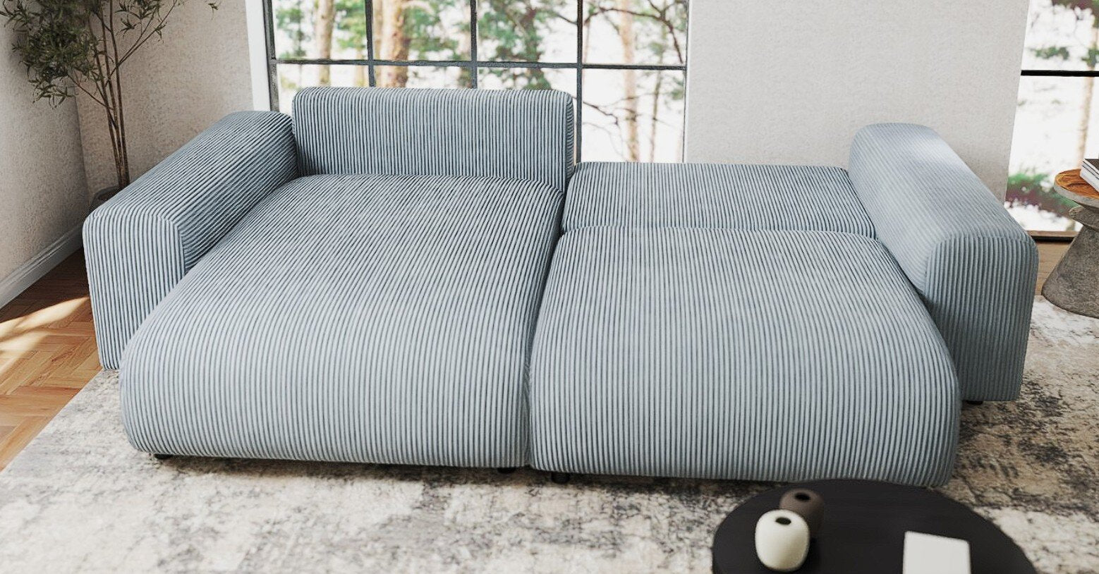 Colțar extensibil dumonde cu ladă de depozitare si sezut confortabil din spuma HR, Sarina Zoom Gri Mint 255x168 cm