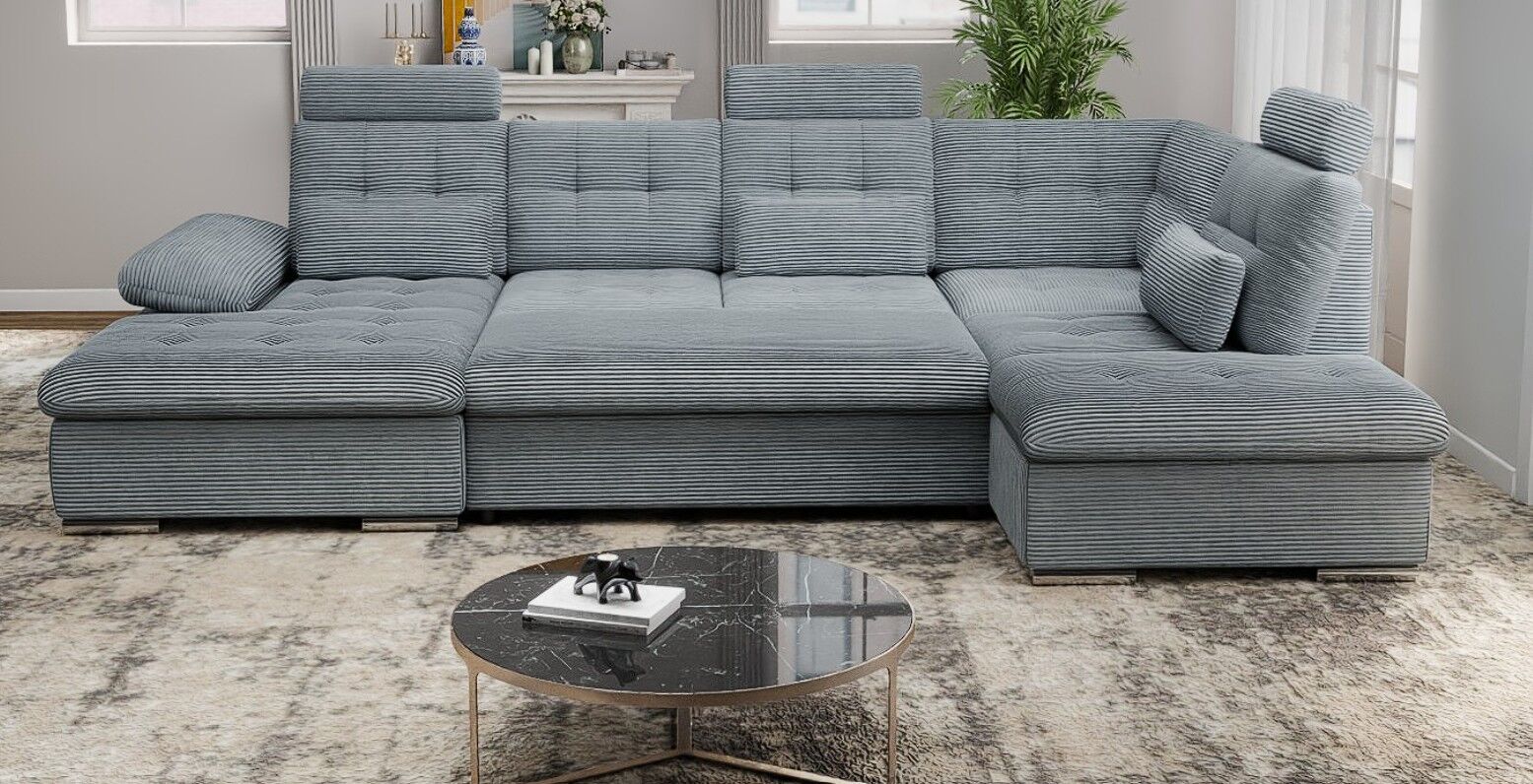 Colțar extensibil dumonde cu ladă de depozitare și șezut confortabil din spumă HR, Merkur U Zoom Gri Mint 324x218 cm