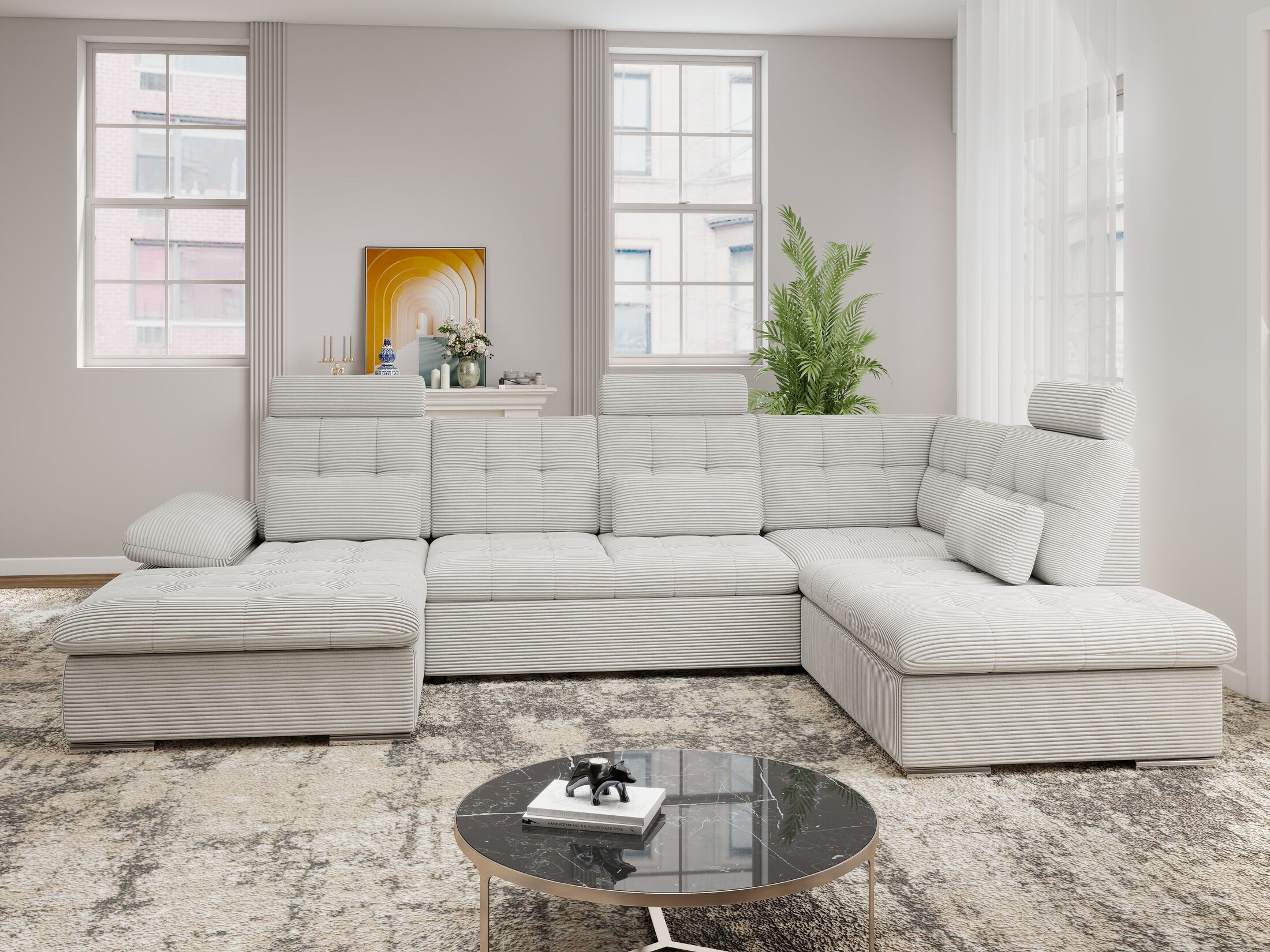 Colțar extensibil dumonde cu ladă de depozitare și șezut confortabil din spumă HR, Merkur U Zoom Gri 324x218 cm