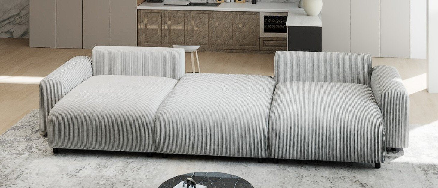 Colțar extensibil dumonde cu ladă de depozitare si sezut confortabil din spuma HR, Luma U Zoom Gri 336x140 cm